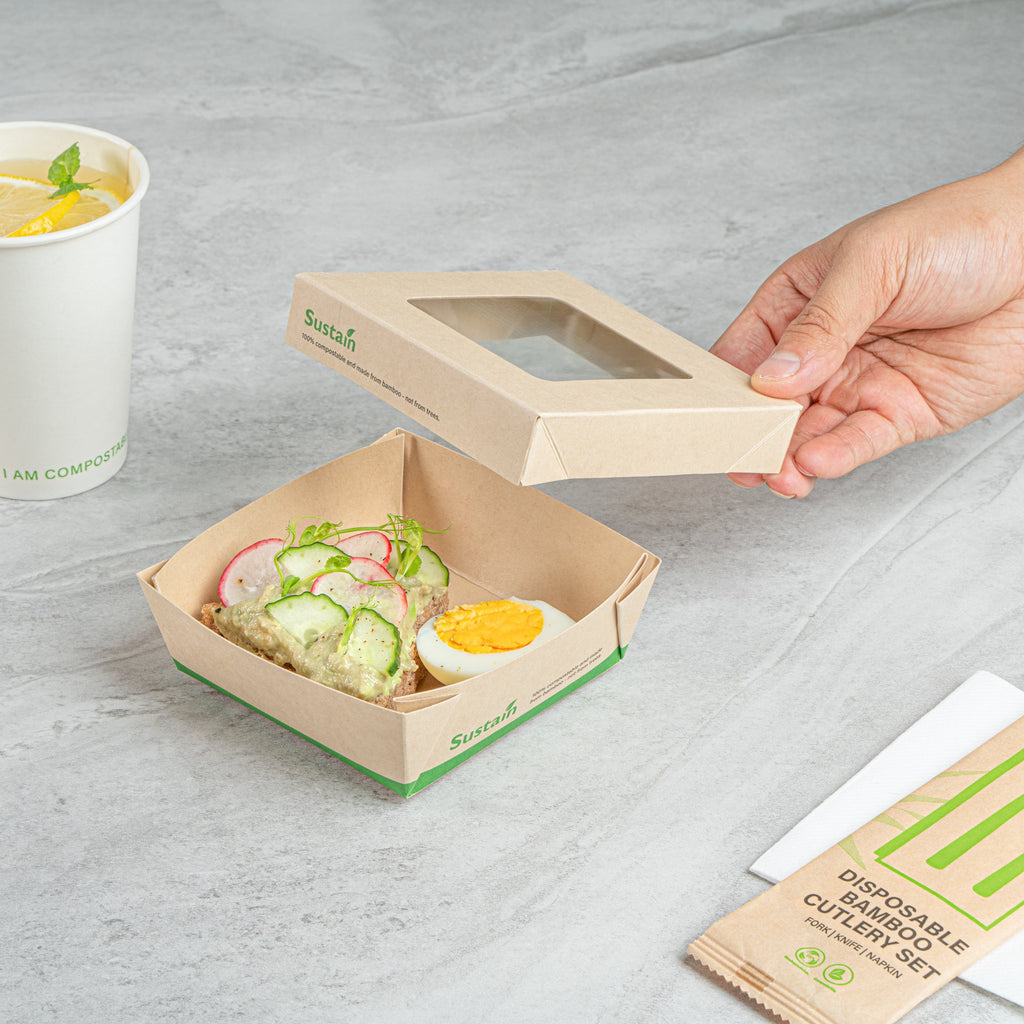 Sustain 13 oz Bamboo Paper Small Take Out Container - with PLA Lining and Window, Compostable - 4 1/2" x 4 1/2" x 1 1/2" - 50 count box