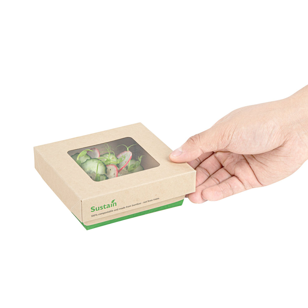 Sustain 13 oz Bamboo Paper Small Take Out Container - with PLA Lining and Window, Compostable - 4 1/2" x 4 1/2" x 1 1/2" - 200 count box
