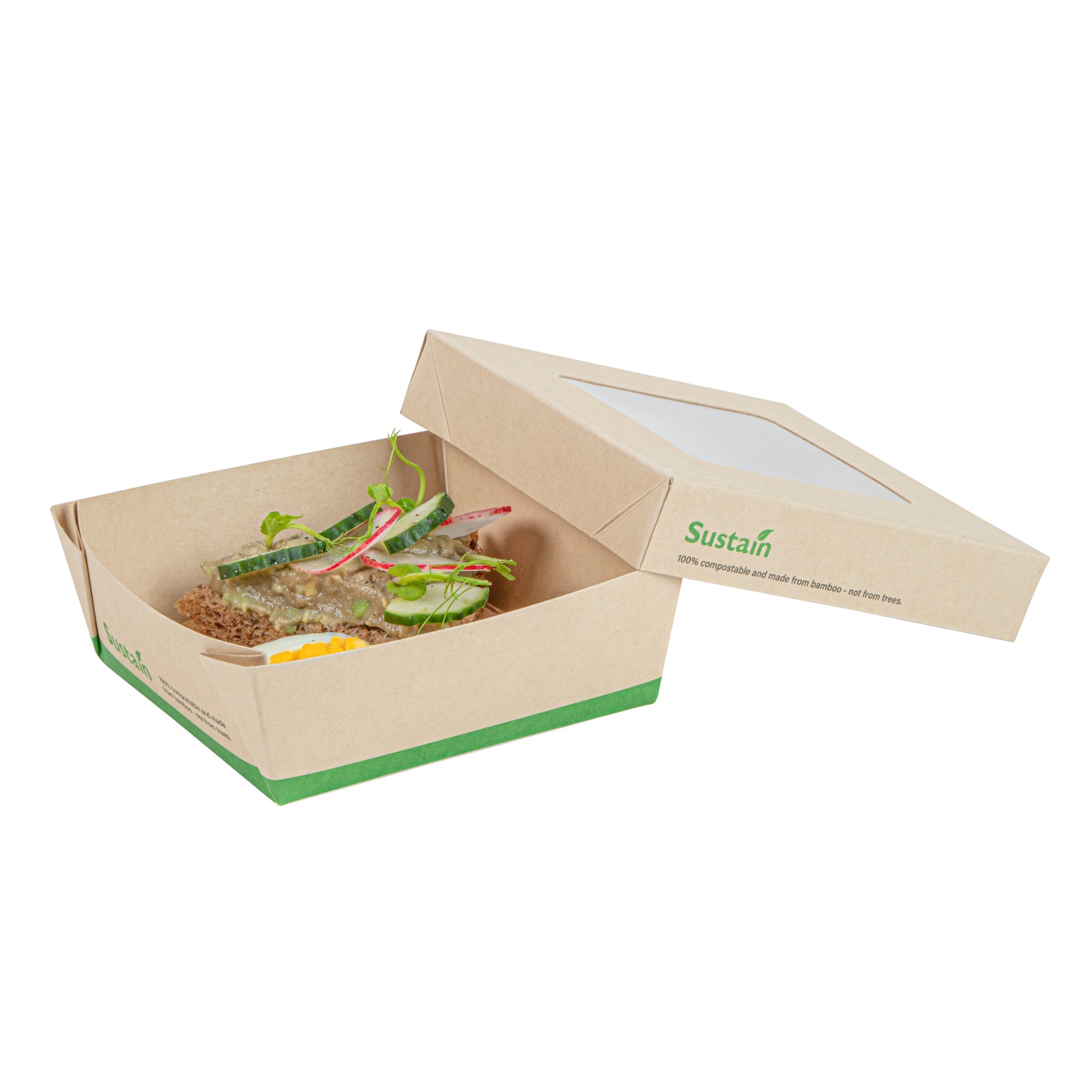 Sustain 13 oz Bamboo Paper Small Take Out Container - with PLA Lining and Window, Compostable - 4 1/2" x 4 1/2" x 1 1/2" - 200 count box
