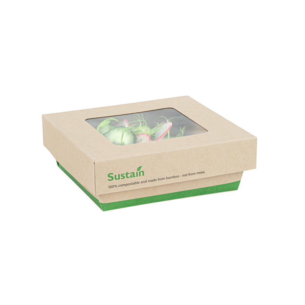 Sustain 13 oz Bamboo Paper Small Take Out Container - with PLA Lining and Window, Compostable - 4 1/2" x 4 1/2" x 1 1/2" - 200 count box