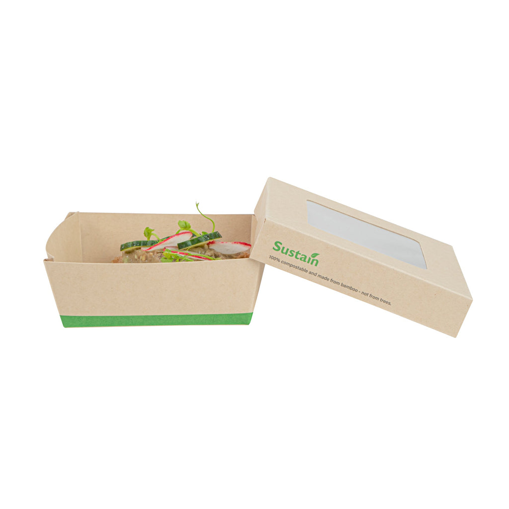 Sustain 13 oz Bamboo Paper Small Take Out Container - with PLA Lining and Window, Compostable - 4 1/2" x 4 1/2" x 1 1/2" - 200 count box
