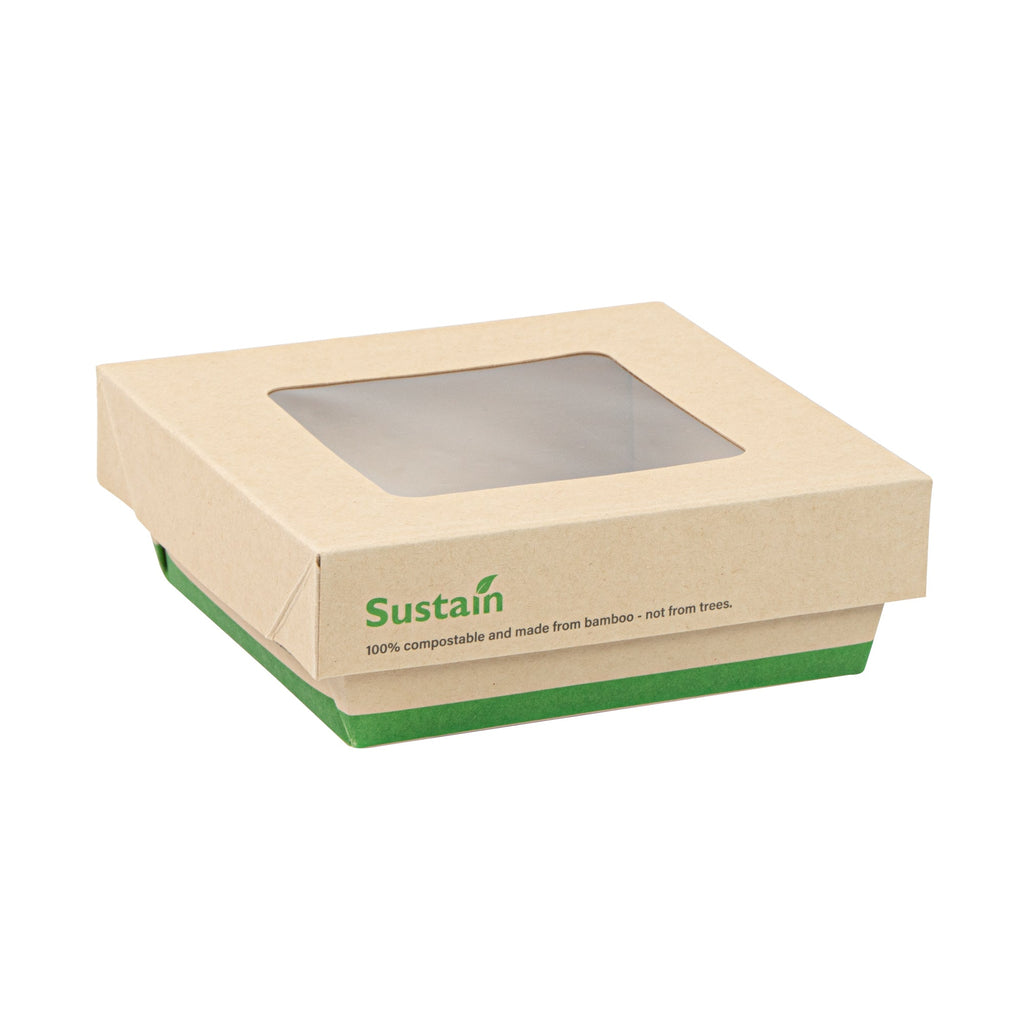 Sustain 13 oz Bamboo Paper Small Take Out Container - with PLA Lining and Window, Compostable - 4 1/2" x 4 1/2" x 1 1/2" - 200 count box