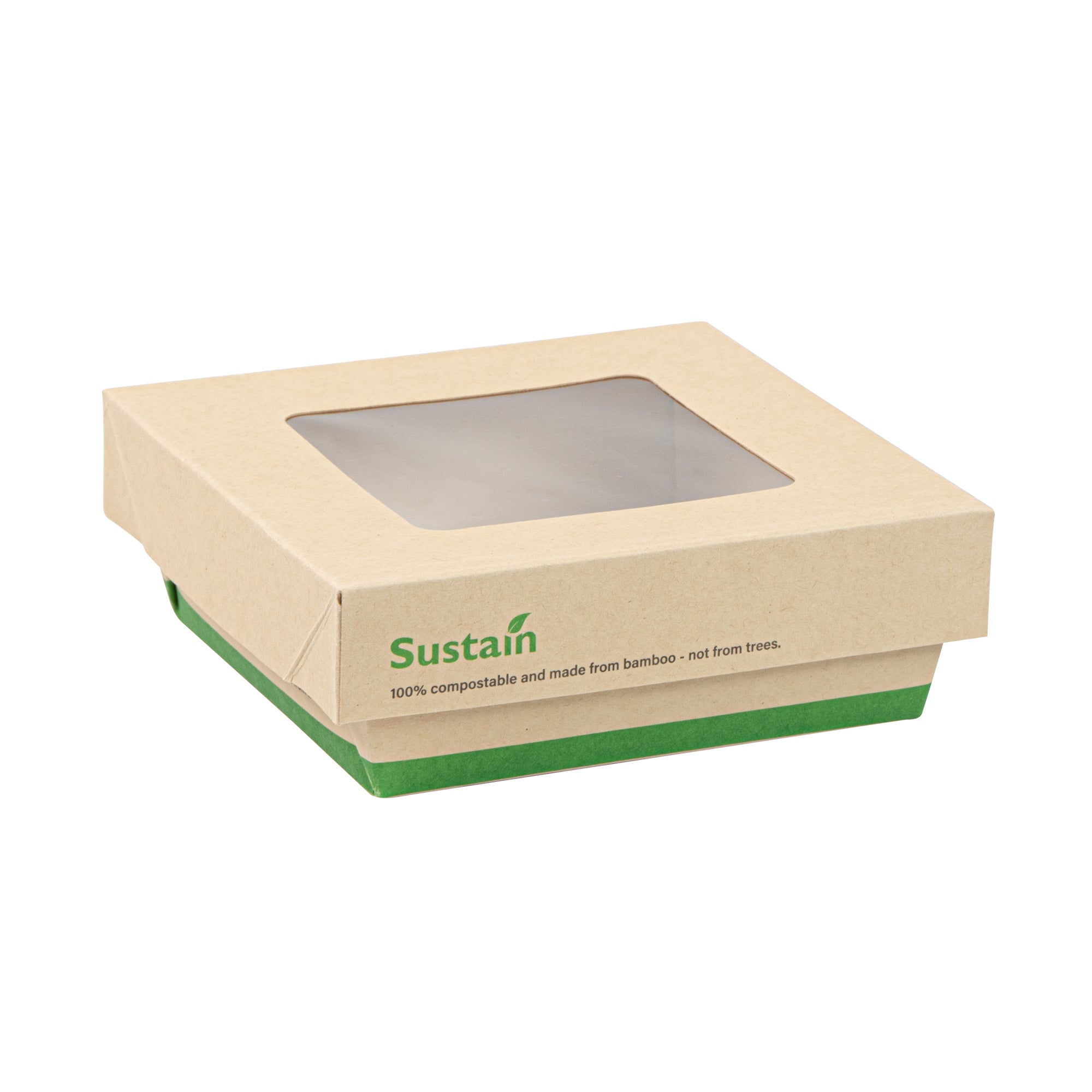 Sustain 13 oz Bamboo Paper Small Take Out Container - with PLA Lining and Window, Compostable - 4 1/2" x 4 1/2" x 1 1/2" - 200 count box
