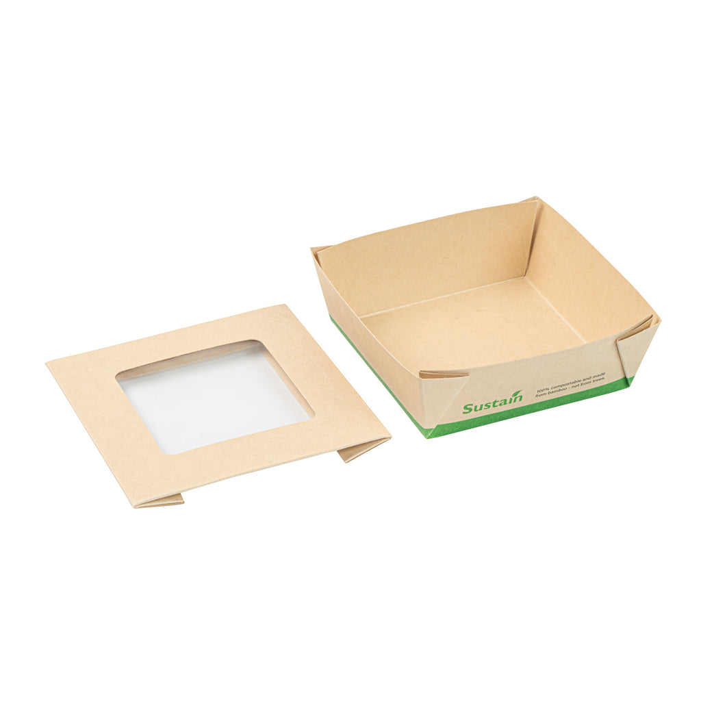 Sustain 13 oz Bamboo Paper Small Take Out Container - with PLA Lining and Window, Compostable - 4 1/2" x 4 1/2" x 1 1/2" - 200 count box