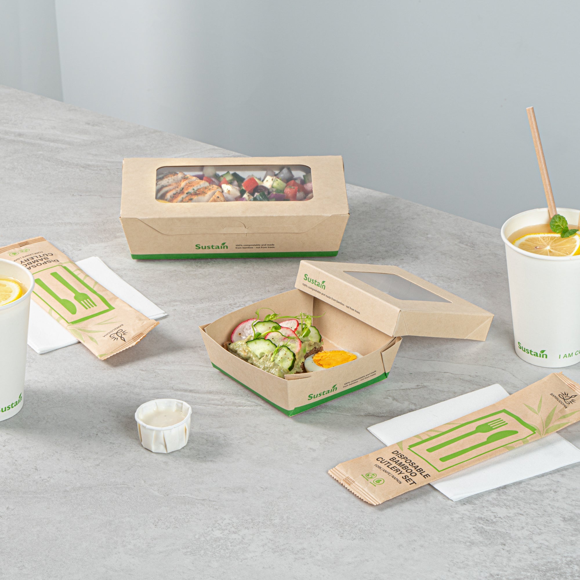 Sustain 13 oz Bamboo Paper Small Take Out Container - with PLA Lining and Window, Compostable - 4 1/2" x 4 1/2" x 1 1/2" - 200 count box