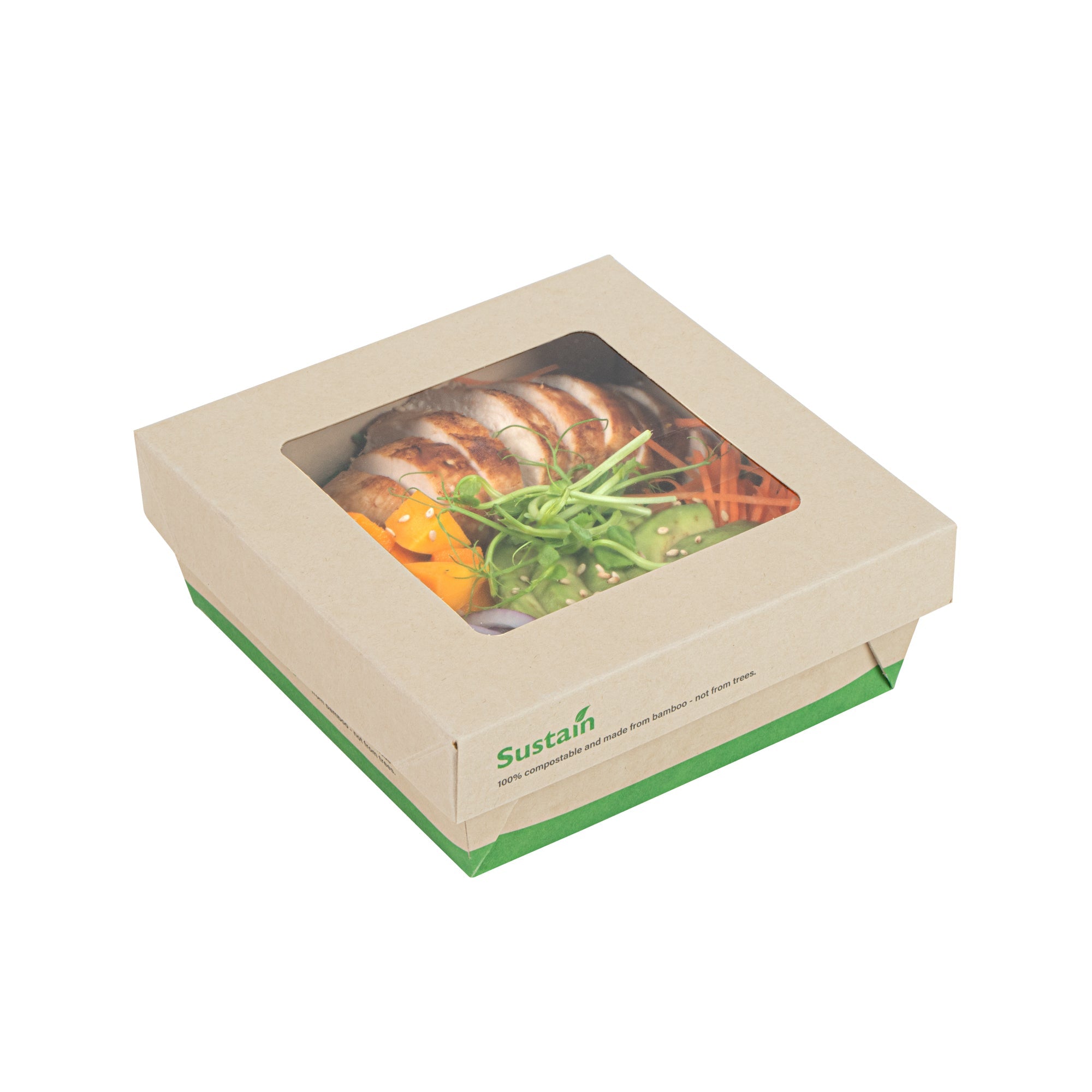 Sustain 27 oz Bamboo Paper Medium Take Out Container - with PLA Lining and Window, Compostable - 5 1/4" x 5 1/4" x 2" - 50 count box