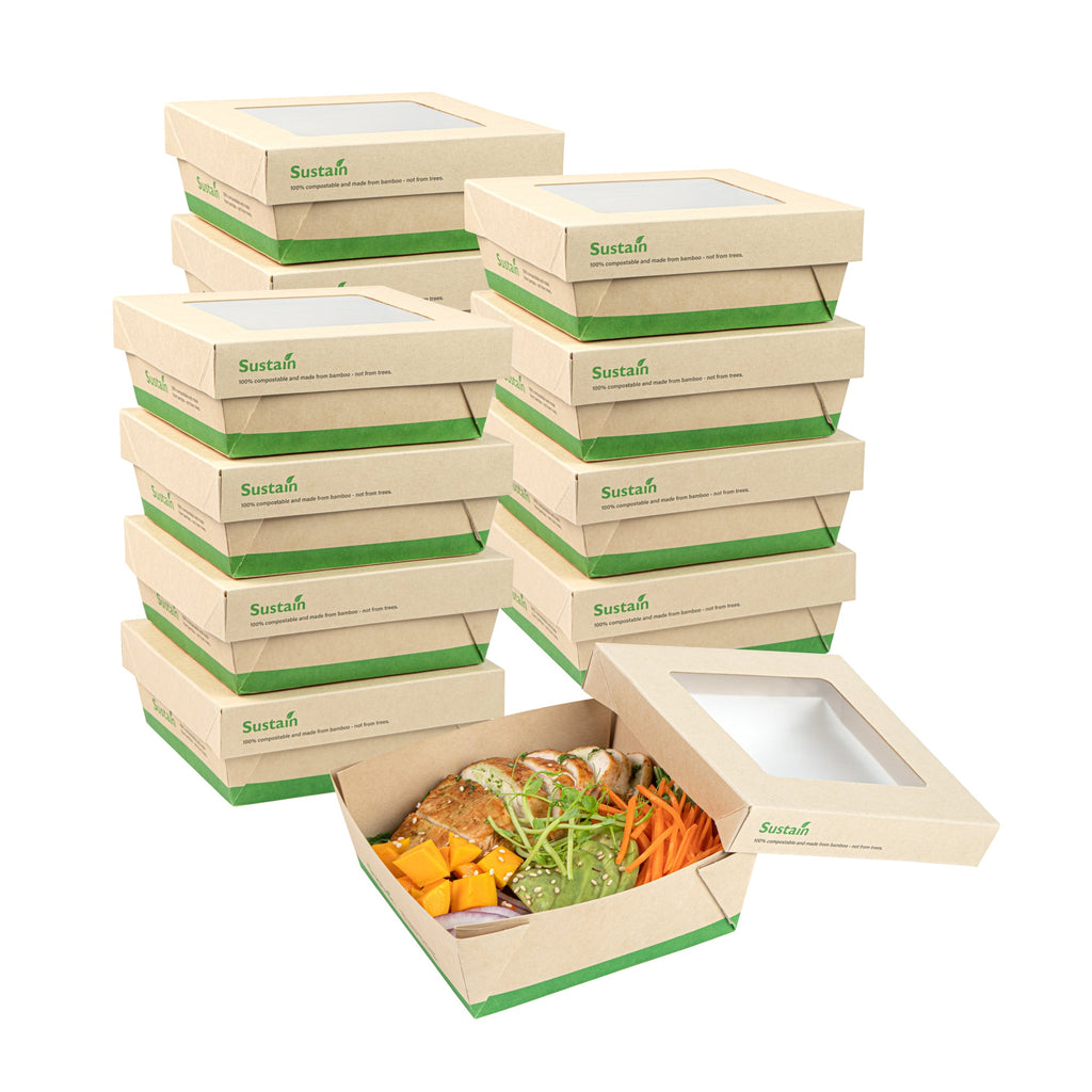 Sustain 27 oz Bamboo Paper Medium Take Out Container - with PLA Lining and Window, Compostable - 5 1/4" x 5 1/4" x 2" - 50 count box