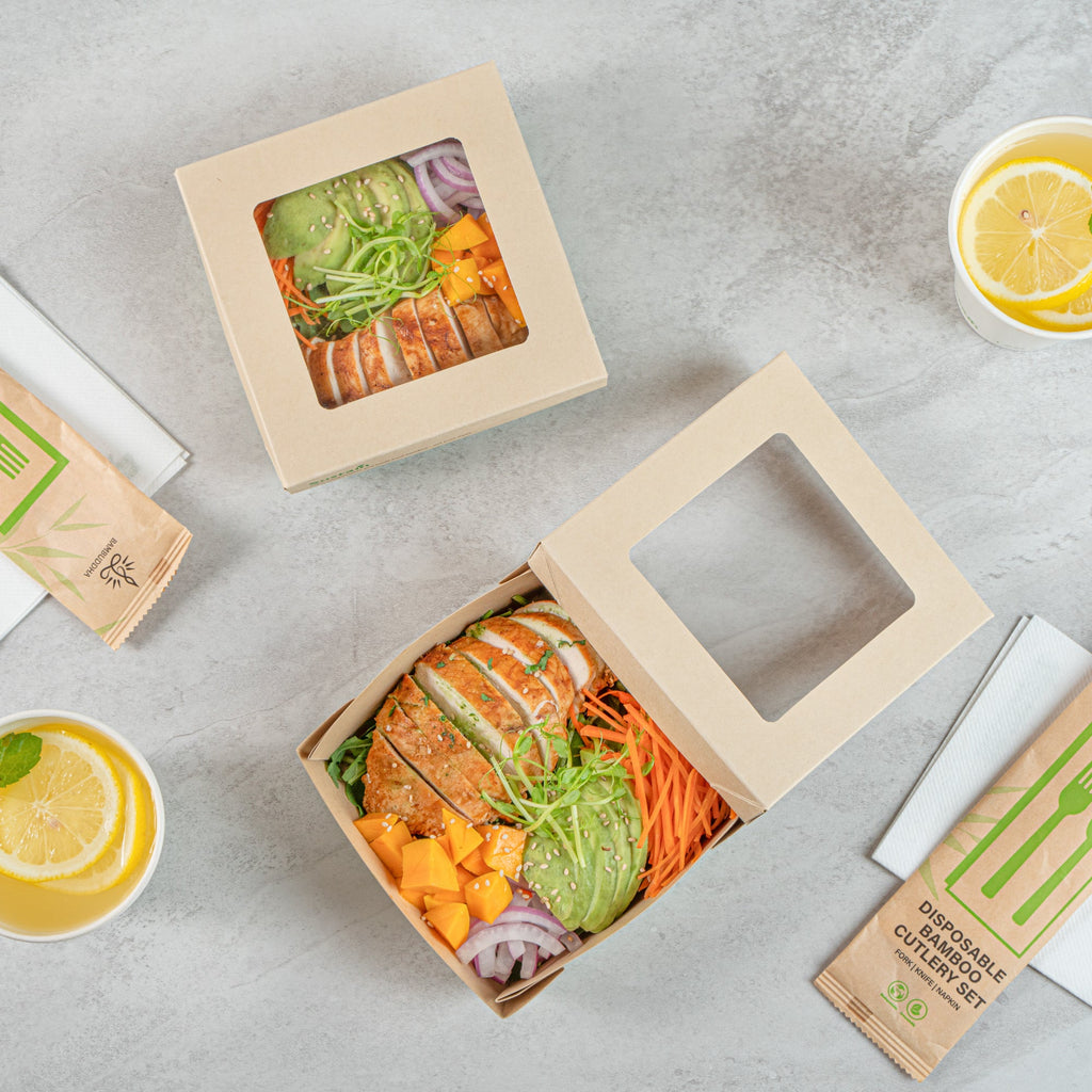 Sustain 27 oz Bamboo Paper Medium Take Out Container - with PLA Lining and Window, Compostable - 5 1/4" x 5 1/4" x 2" - 50 count box