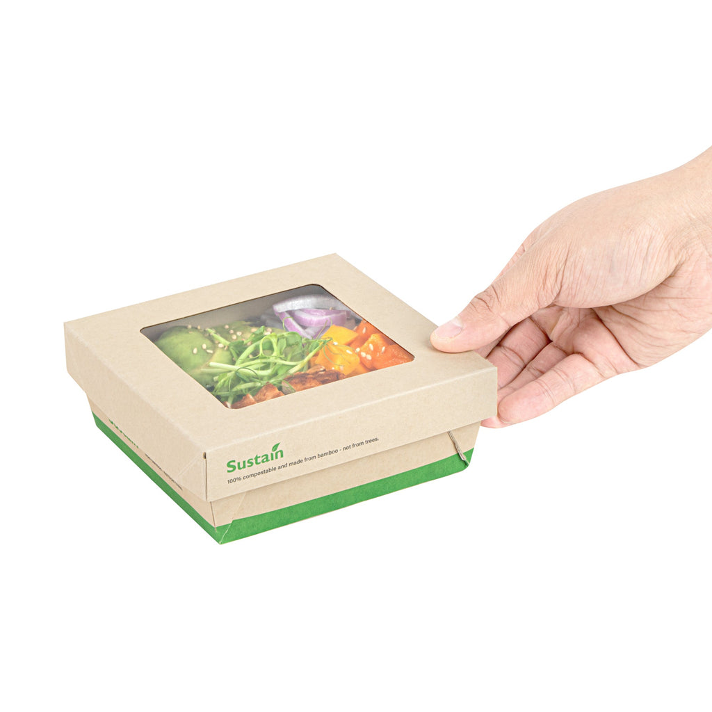 Sustain 27 oz Bamboo Paper Medium Take Out Container - with PLA Lining and Window, Compostable - 5 1/4" x 5 1/4" x 2" - 50 count box