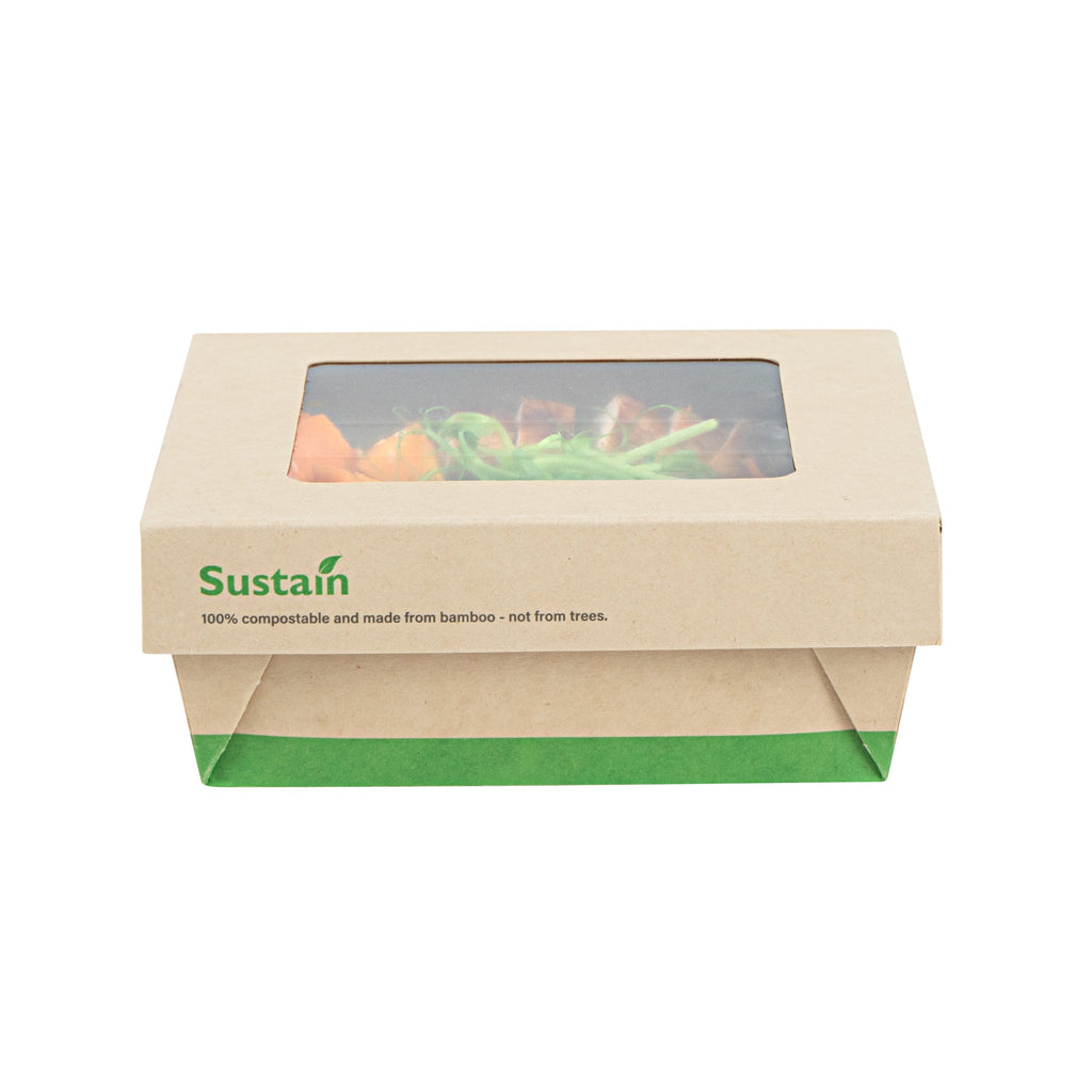 Sustain 27 oz Bamboo Paper Medium Take Out Container - with PLA Lining and Window, Compostable - 5 1/4" x 5 1/4" x 2" - 50 count box