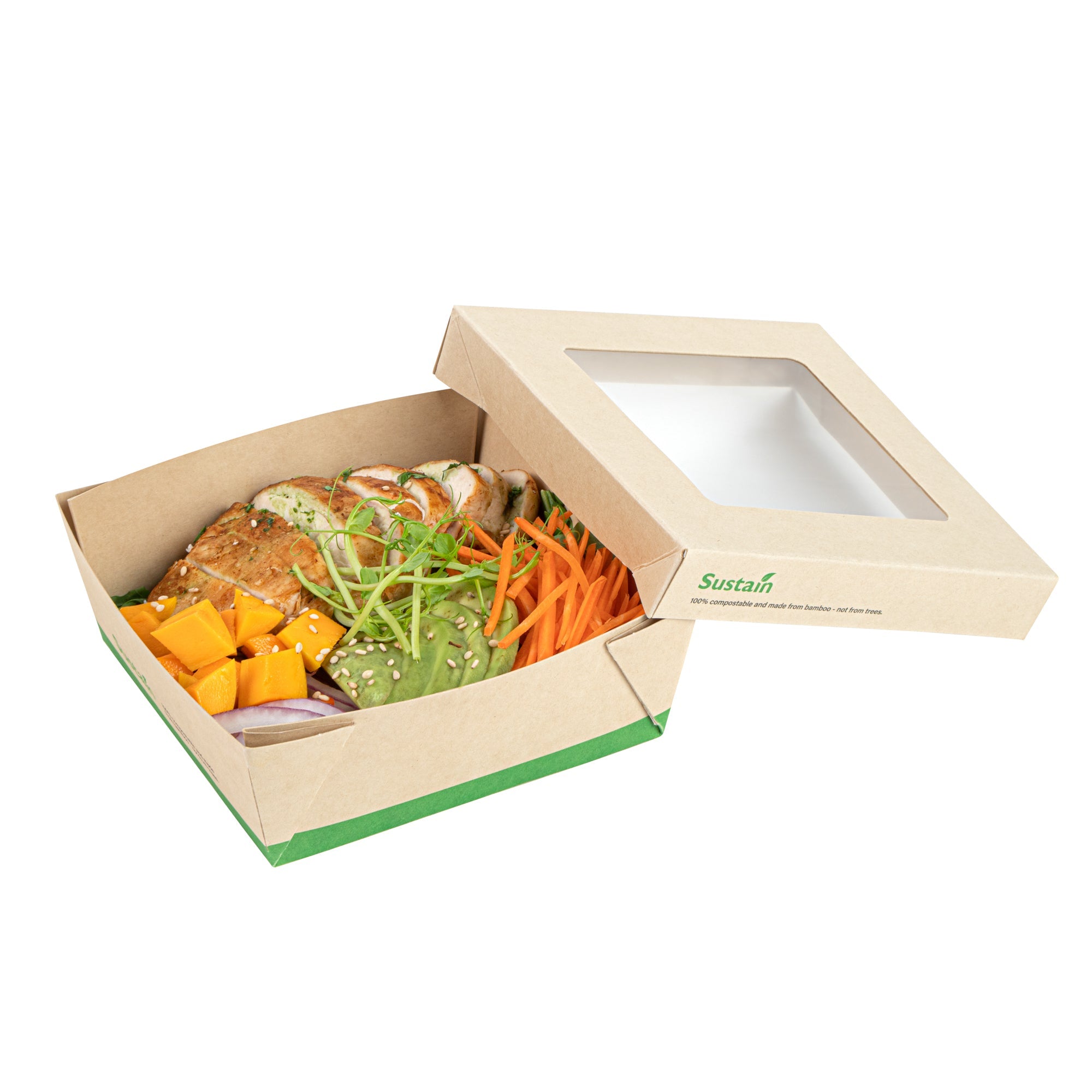 Sustain 27 oz Bamboo Paper Medium Take Out Container - with PLA Lining and Window, Compostable - 5 1/4" x 5 1/4" x 2" - 50 count box
