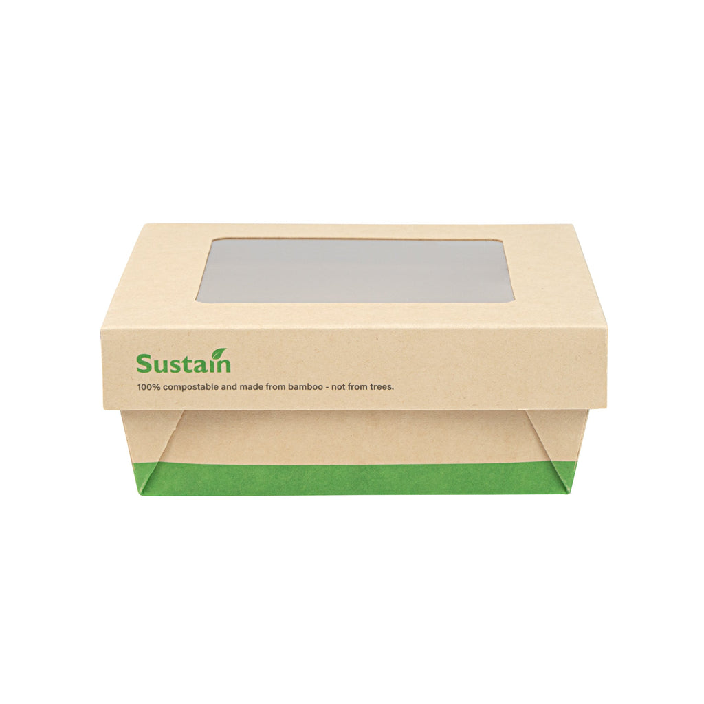 Sustain 27 oz Bamboo Paper Medium Take Out Container - with PLA Lining and Window, Compostable - 5 1/4" x 5 1/4" x 2" - 50 count box
