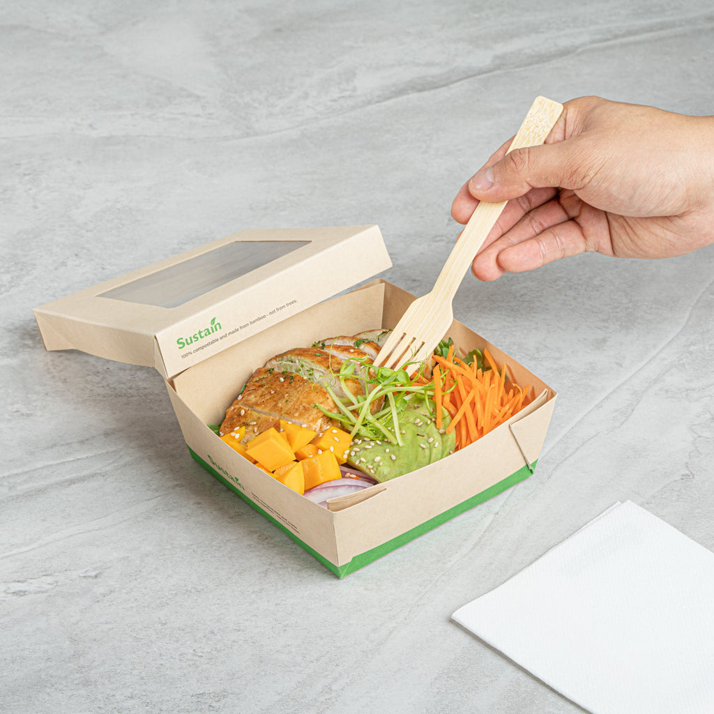 Sustain 27 oz Bamboo Paper Medium Take Out Container - with PLA Lining and Window, Compostable - 5 1/4" x 5 1/4" x 2" - 50 count box