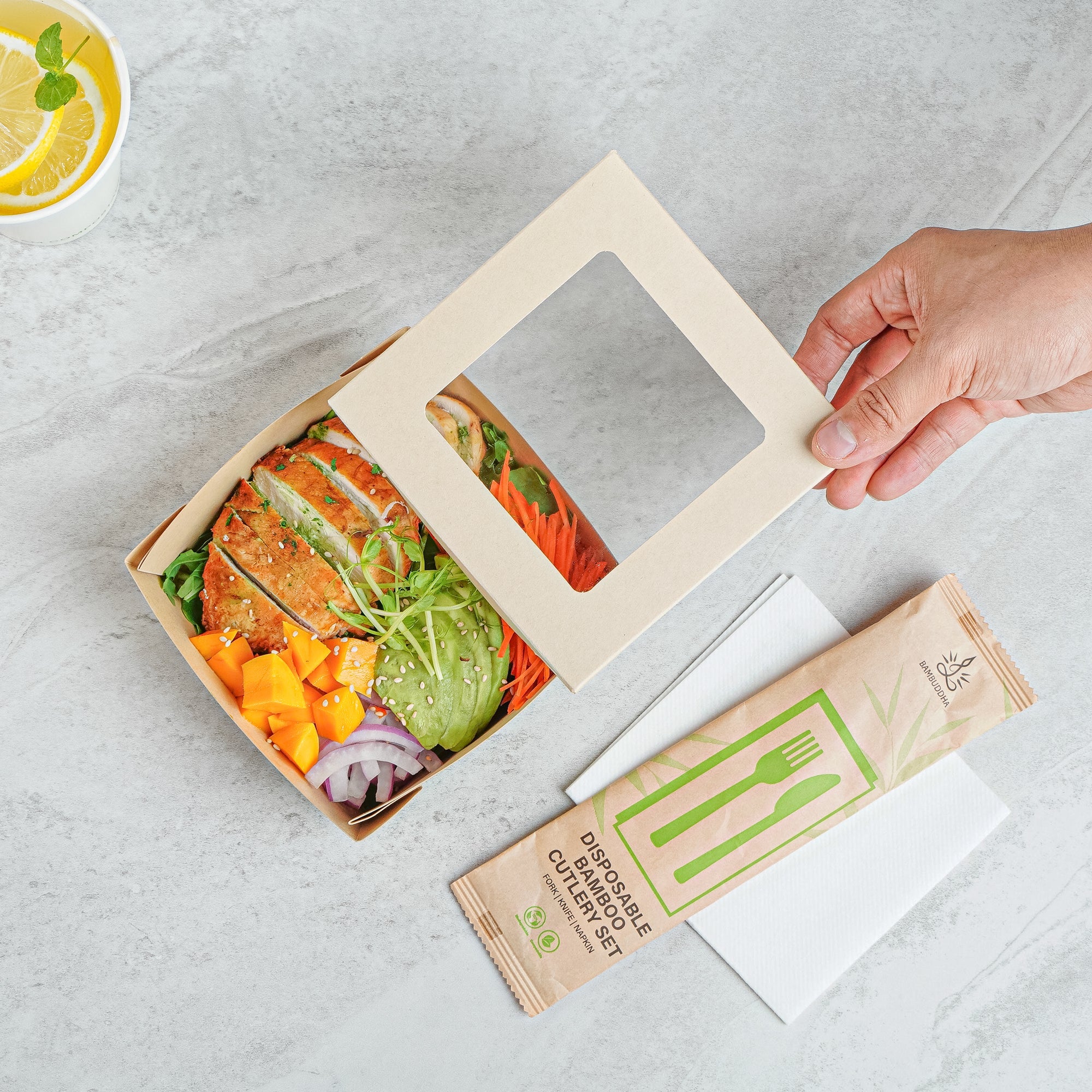 Sustain 27 oz Bamboo Paper Medium Take Out Container - with PLA Lining and Window, Compostable - 5 1/4" x 5 1/4" x 2" - 50 count box