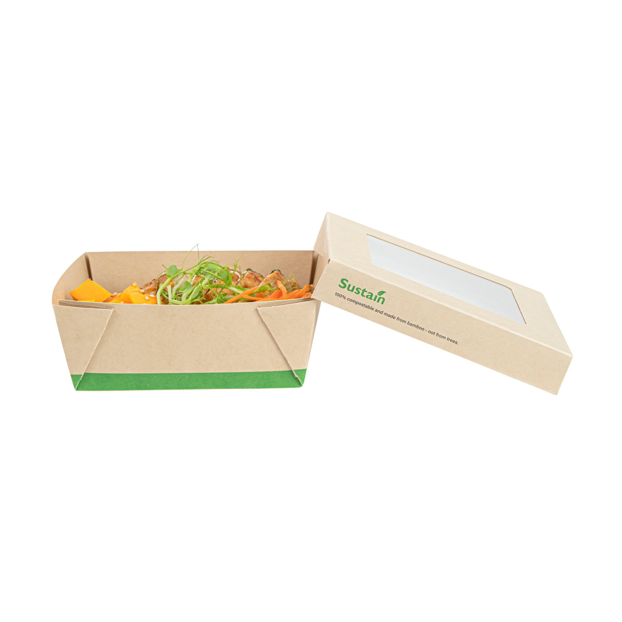 Sustain 27 oz Bamboo Paper Medium Take Out Container - with PLA Lining and Window, Compostable - 5 1/4" x 5 1/4" x 2" - 200 count box