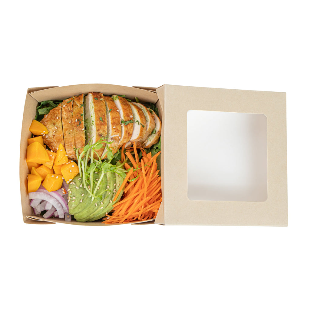 Sustain 27 oz Bamboo Paper Medium Take Out Container - with PLA Lining and Window, Compostable - 5 1/4" x 5 1/4" x 2" - 200 count box
