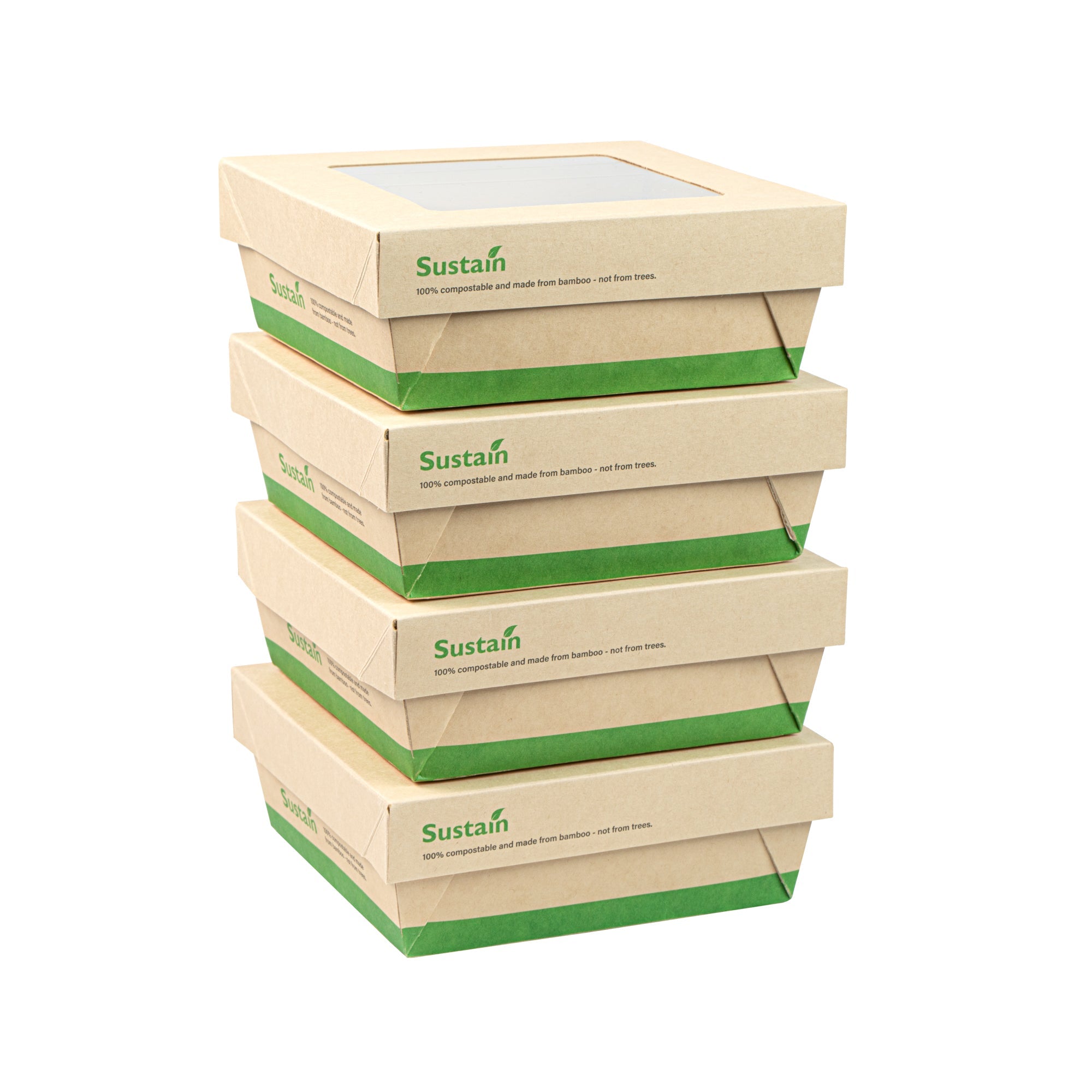 Sustain 27 oz Bamboo Paper Medium Take Out Container - with PLA Lining and Window, Compostable - 5 1/4" x 5 1/4" x 2" - 200 count box