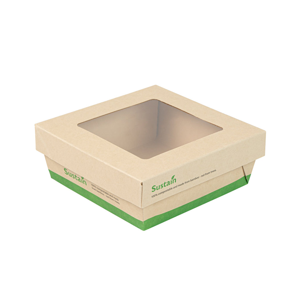 Sustain 27 oz Bamboo Paper Medium Take Out Container - with PLA Lining and Window, Compostable - 5 1/4" x 5 1/4" x 2" - 200 count box