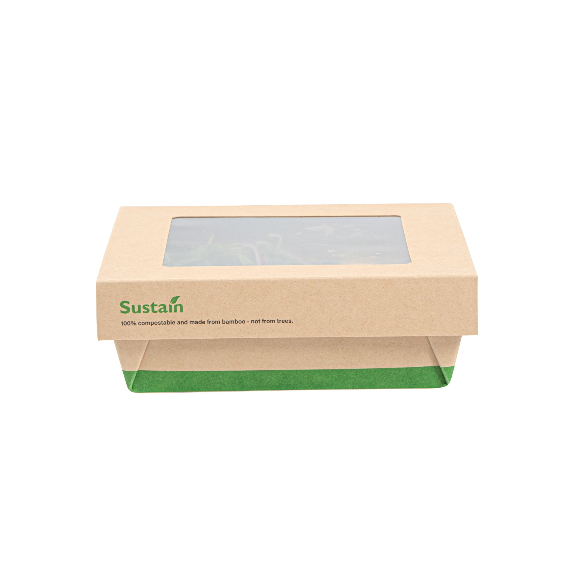 Sustain 34 oz Bamboo Paper Large Take Out Container - with PLA Lining and Window, Compostable - 6" x 6" x 2" - 50 count box