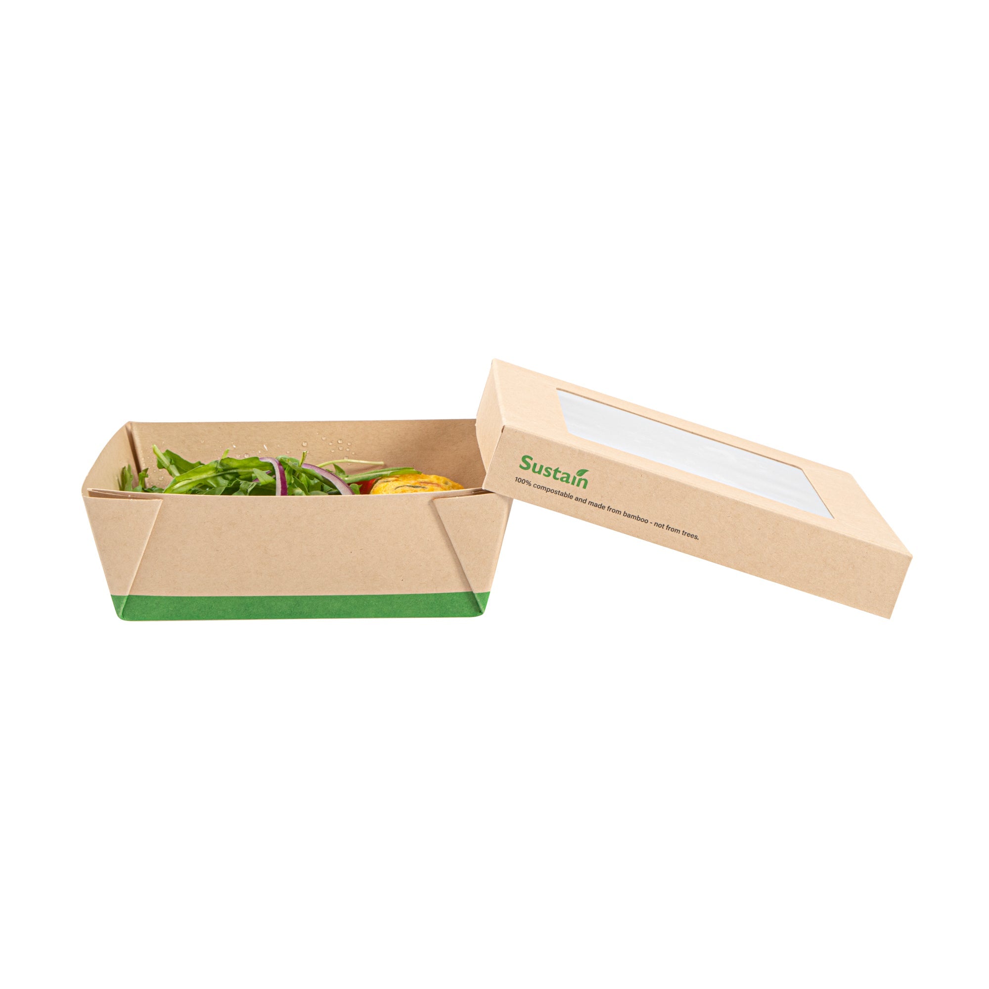 Sustain 34 oz Bamboo Paper Large Take Out Container - with PLA Lining and Window, Compostable - 6" x 6" x 2" - 50 count box