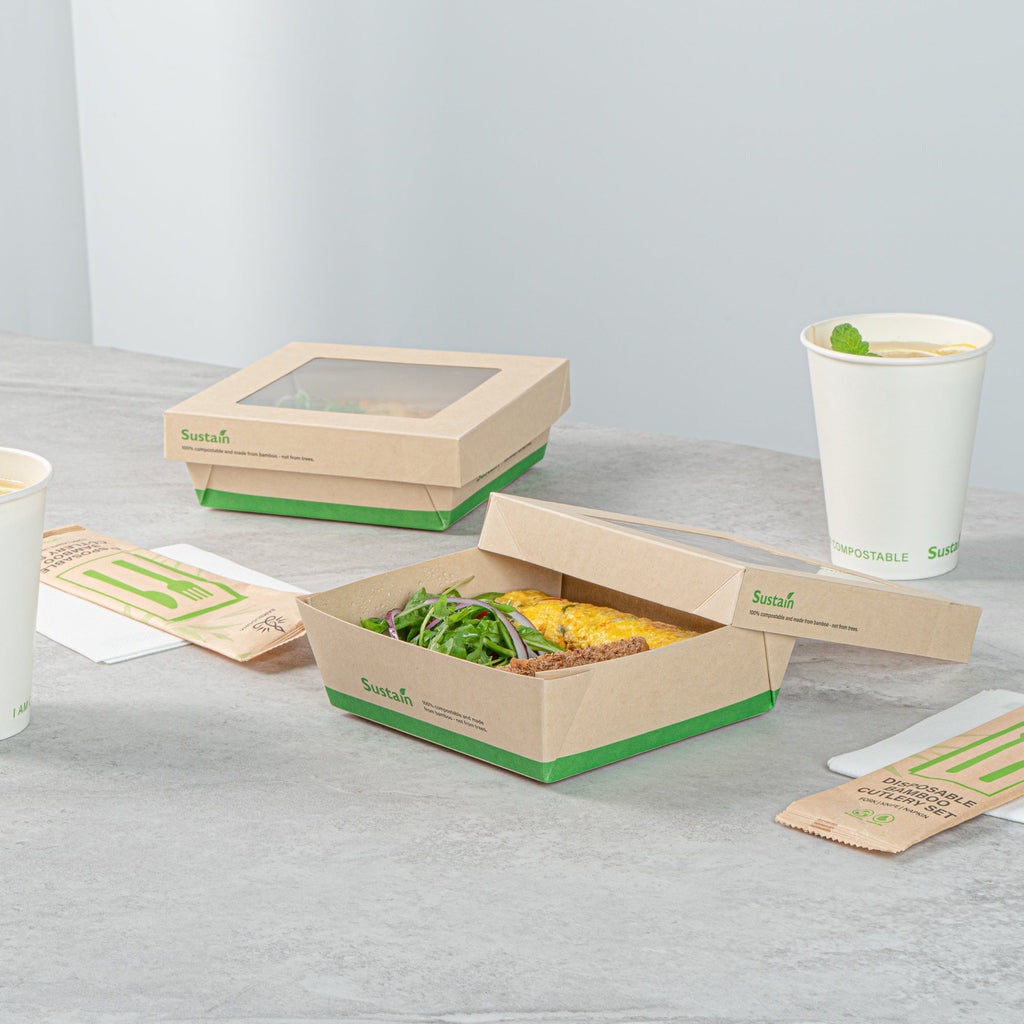 Sustain 34 oz Bamboo Paper Large Take Out Container - with PLA Lining and Window, Compostable - 6" x 6" x 2" - 50 count box
