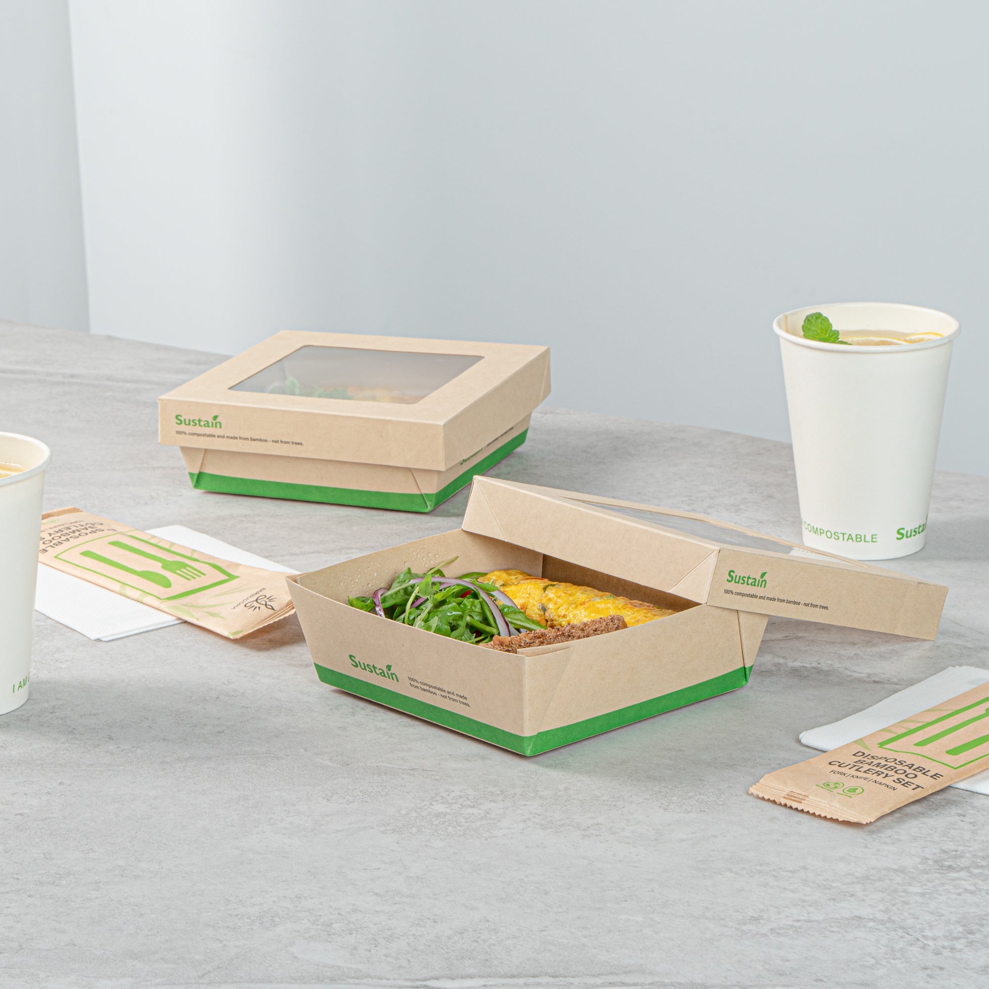 Sustain 34 oz Bamboo Paper Large Take Out Container - with PLA Lining and Window, Compostable - 6" x 6" x 2" - 50 count box