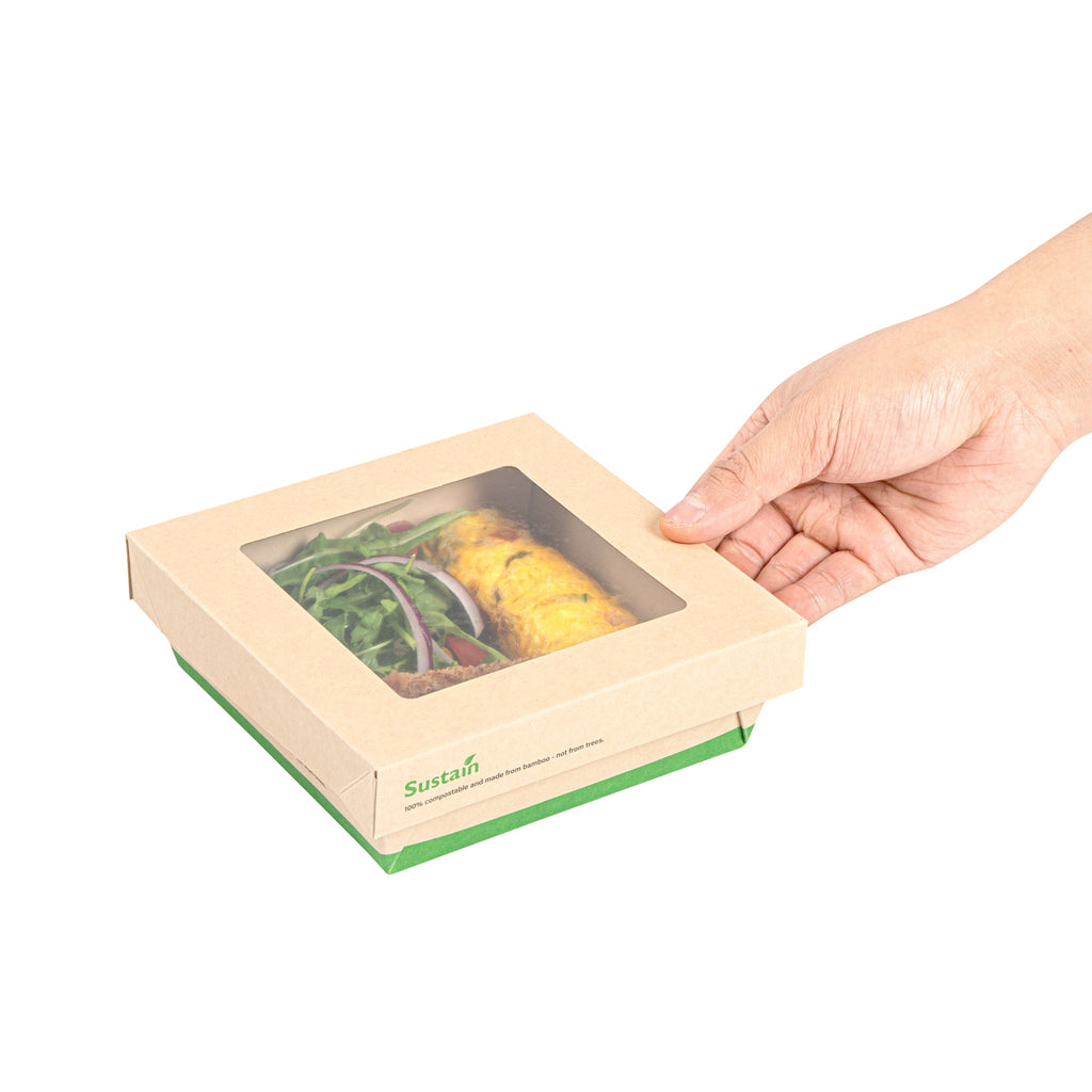 Sustain 34 oz Bamboo Paper Large Take Out Container - with PLA Lining and Window, Compostable - 6" x 6" x 2" - 200 count box
