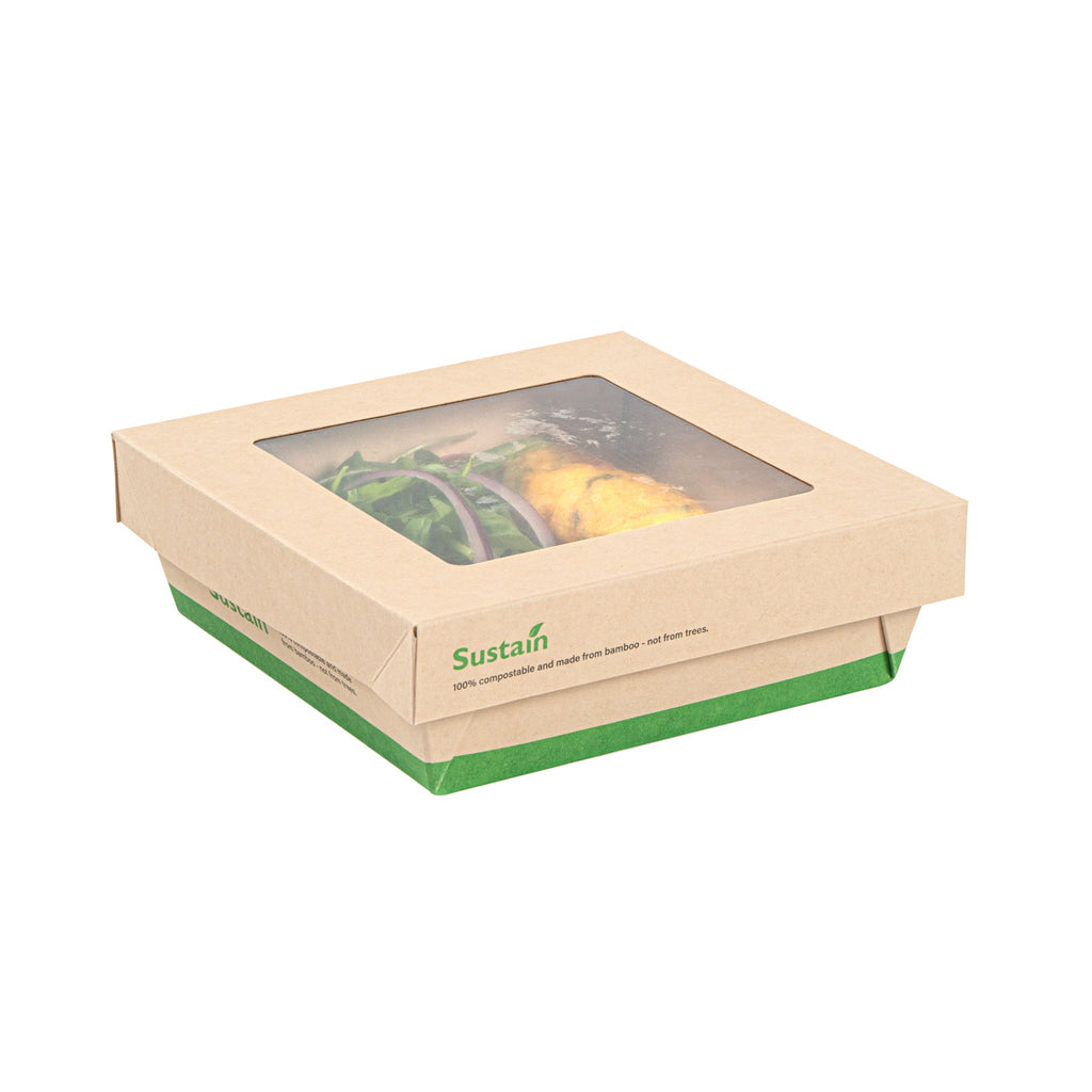 Sustain 34 oz Bamboo Paper Large Take Out Container - with PLA Lining and Window, Compostable - 6" x 6" x 2" - 200 count box