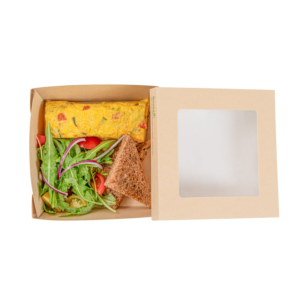 Sustain 34 oz Bamboo Paper Large Take Out Container - with PLA Lining and Window, Compostable - 6" x 6" x 2" - 200 count box