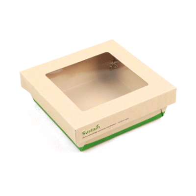 Sustain 34 oz Bamboo Paper Large Take Out Container - with PLA Lining and Window, Compostable - 6" x 6" x 2" - 200 count box