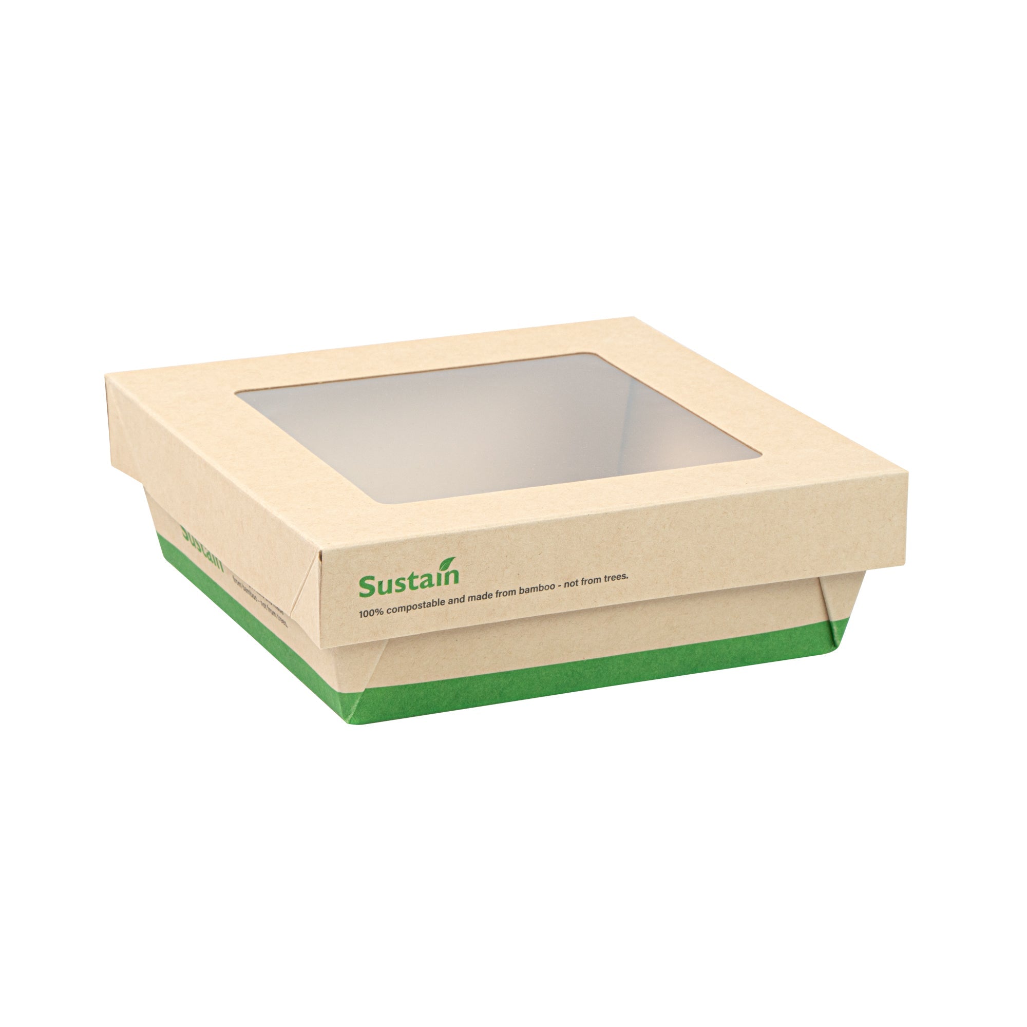 Sustain 34 oz Bamboo Paper Large Take Out Container - with PLA Lining and Window, Compostable - 6" x 6" x 2" - 200 count box