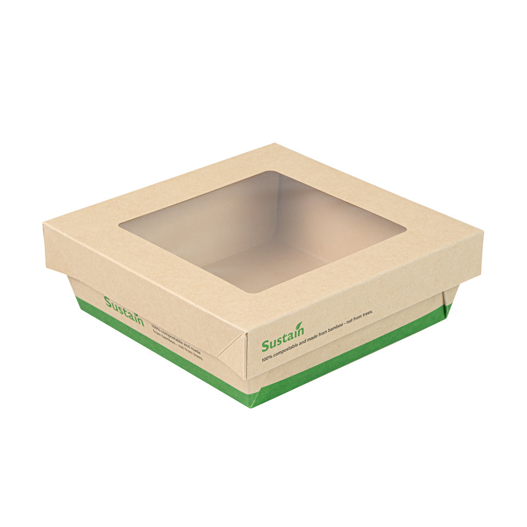 Sustain 34 oz Bamboo Paper Large Take Out Container - with PLA Lining and Window, Compostable - 6" x 6" x 2" - 200 count box