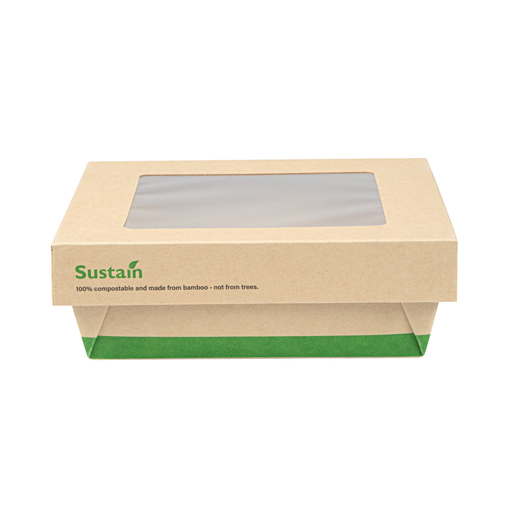 Sustain 34 oz Bamboo Paper Large Take Out Container - with PLA Lining and Window, Compostable - 6" x 6" x 2" - 200 count box