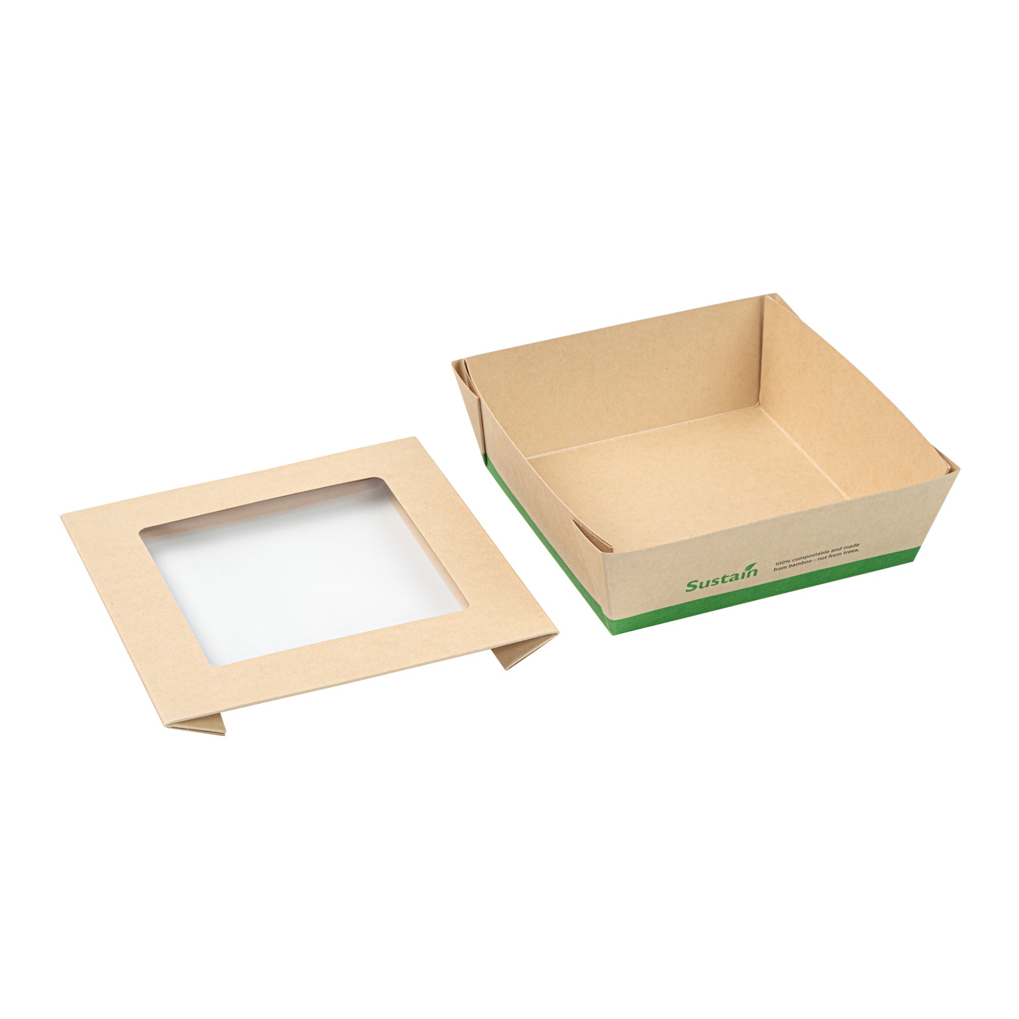 Sustain 34 oz Bamboo Paper Large Take Out Container - with PLA Lining and Window, Compostable - 6" x 6" x 2" - 200 count box
