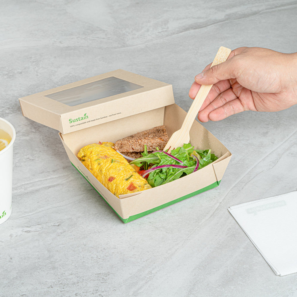 Sustain 34 oz Bamboo Paper Large Take Out Container - with PLA Lining and Window, Compostable - 6" x 6" x 2" - 200 count box