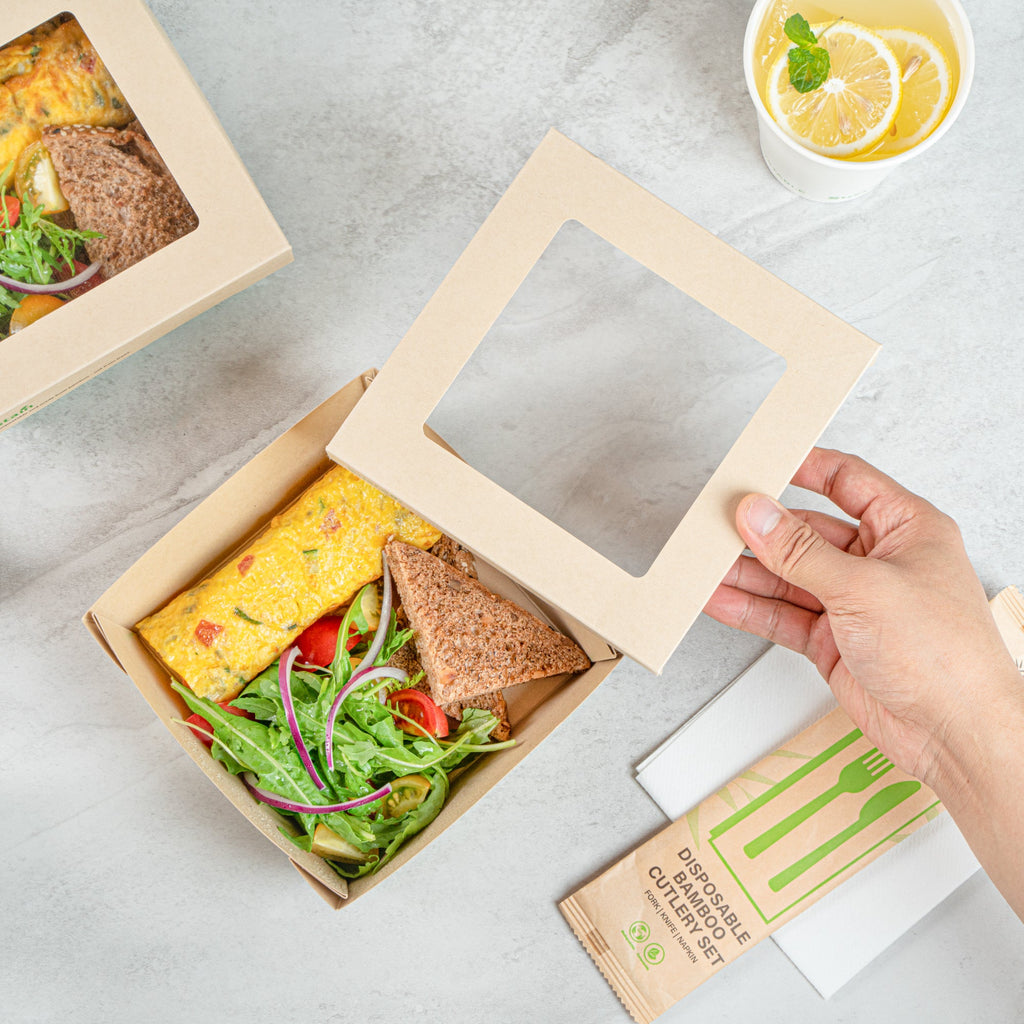 Sustain 34 oz Bamboo Paper Large Take Out Container - with PLA Lining and Window, Compostable - 6" x 6" x 2" - 200 count box