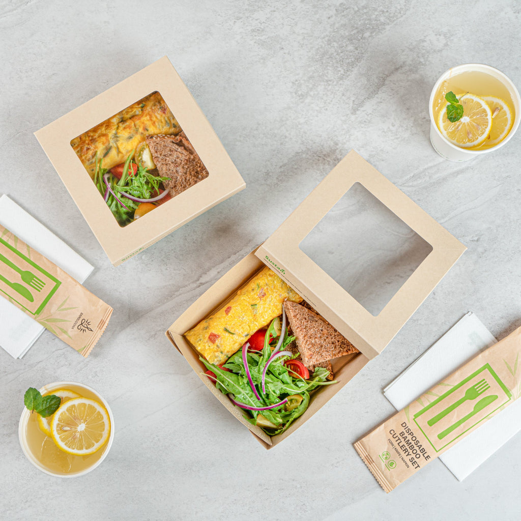 Sustain 34 oz Bamboo Paper Large Take Out Container - with PLA Lining and Window, Compostable - 6" x 6" x 2" - 200 count box