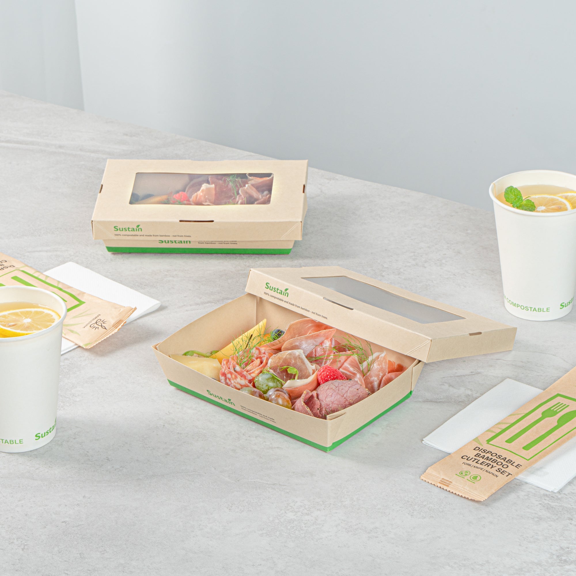 Sustain 28 oz Bamboo Paper Small Take Out Container - with PLA Lining and Window, Compostable - 7 1/2" x 5" x 1 1/2" - 200 count box