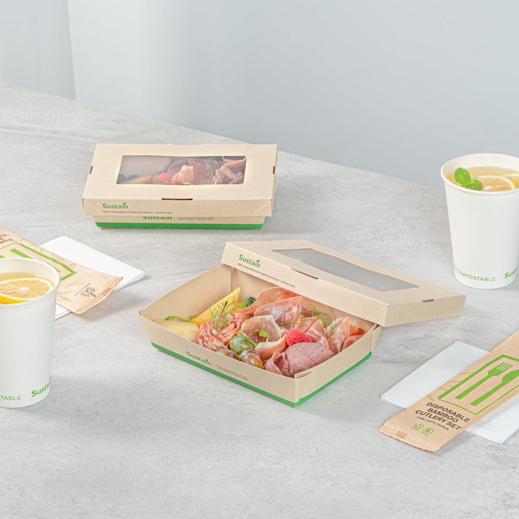 Sustain 28 oz Bamboo Paper Small Take Out Container - with PLA Lining and Window, Compostable - 7 1/2" x 5" x 1 1/2" - 50 count box