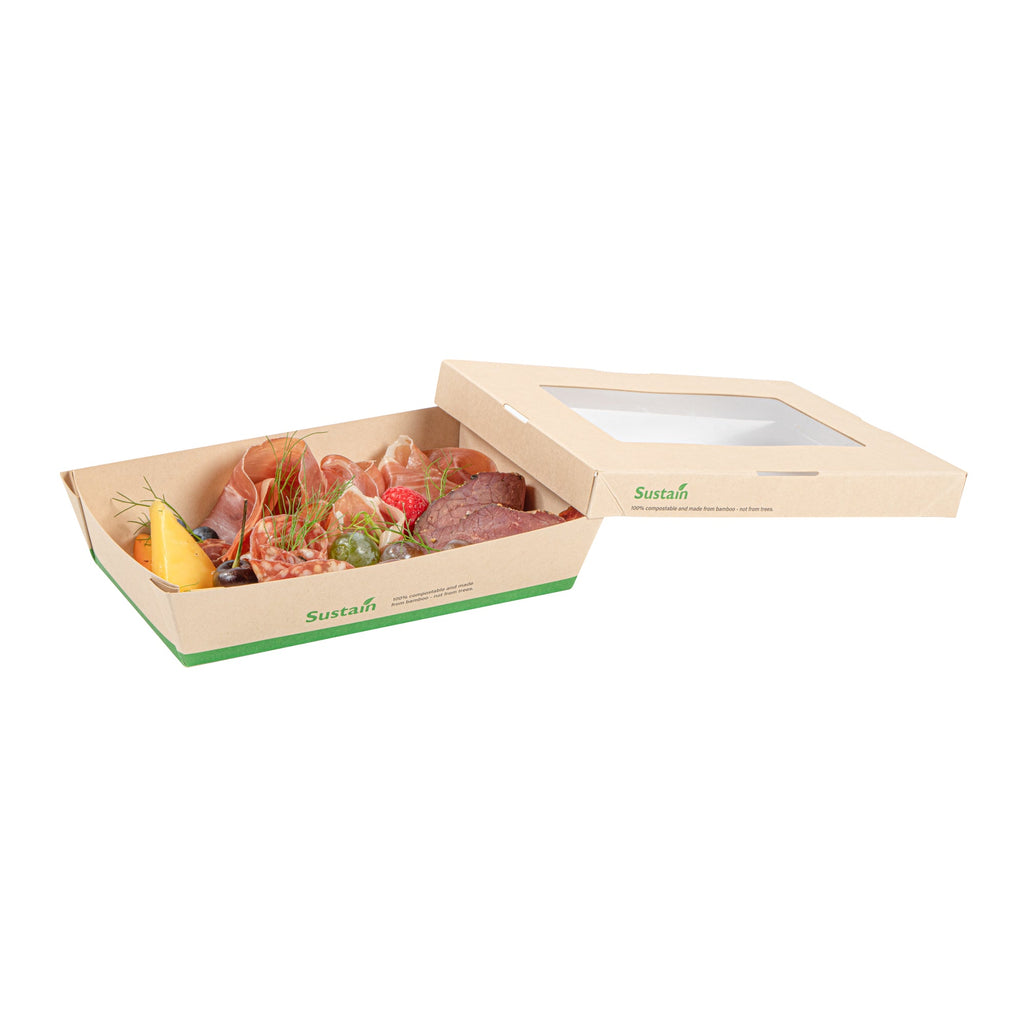 Sustain 28 oz Bamboo Paper Small Take Out Container - with PLA Lining and Window, Compostable - 7 1/2" x 5" x 1 1/2" - 50 count box