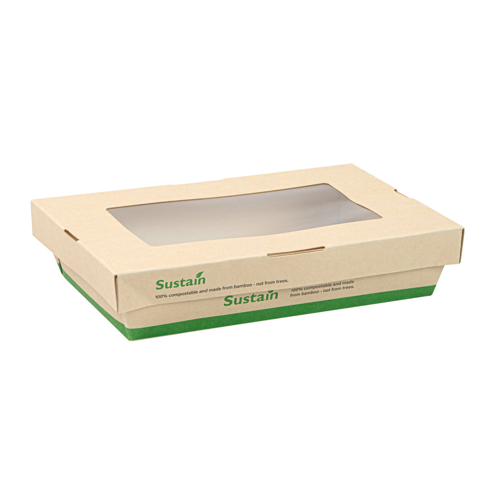 Sustain 28 oz Bamboo Paper Small Take Out Container - with PLA Lining and Window, Compostable - 7 1/2" x 5" x 1 1/2" - 50 count box