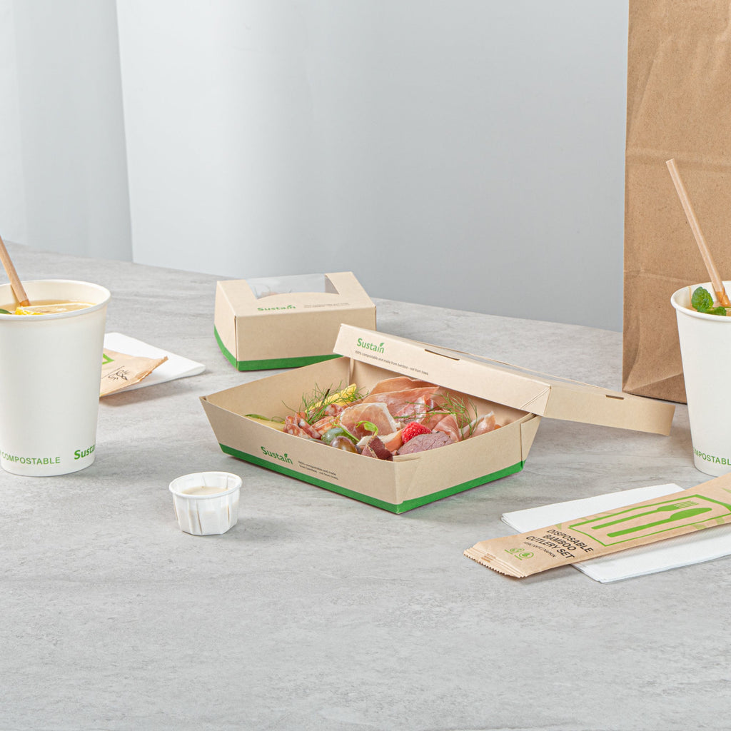 Sustain 28 oz Bamboo Paper Small Take Out Container - with PLA Lining and Window, Compostable - 7 1/2" x 5" x 1 1/2" - 50 count box