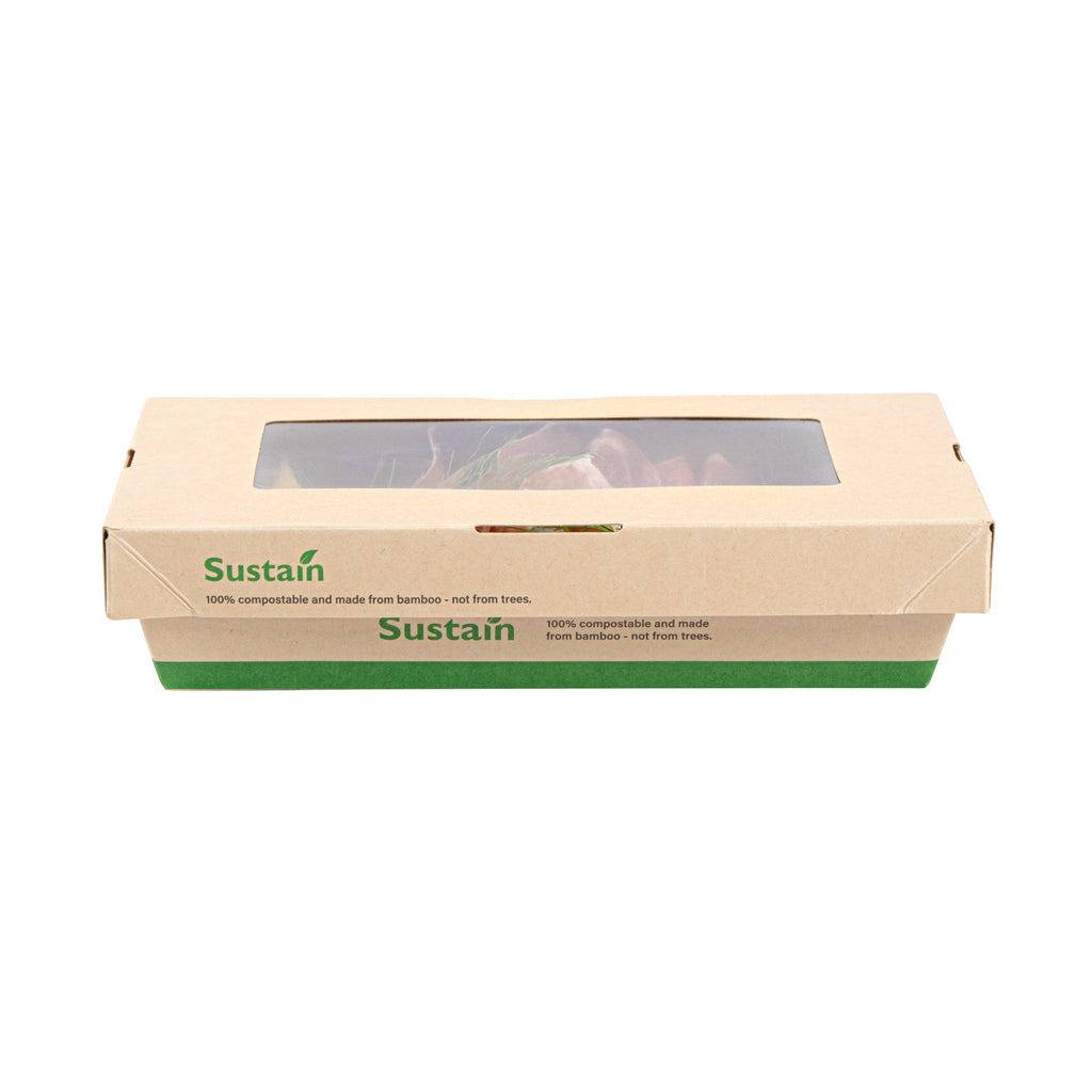 Sustain 28 oz Bamboo Paper Small Take Out Container - with PLA Lining and Window, Compostable - 7 1/2" x 5" x 1 1/2" - 200 count box