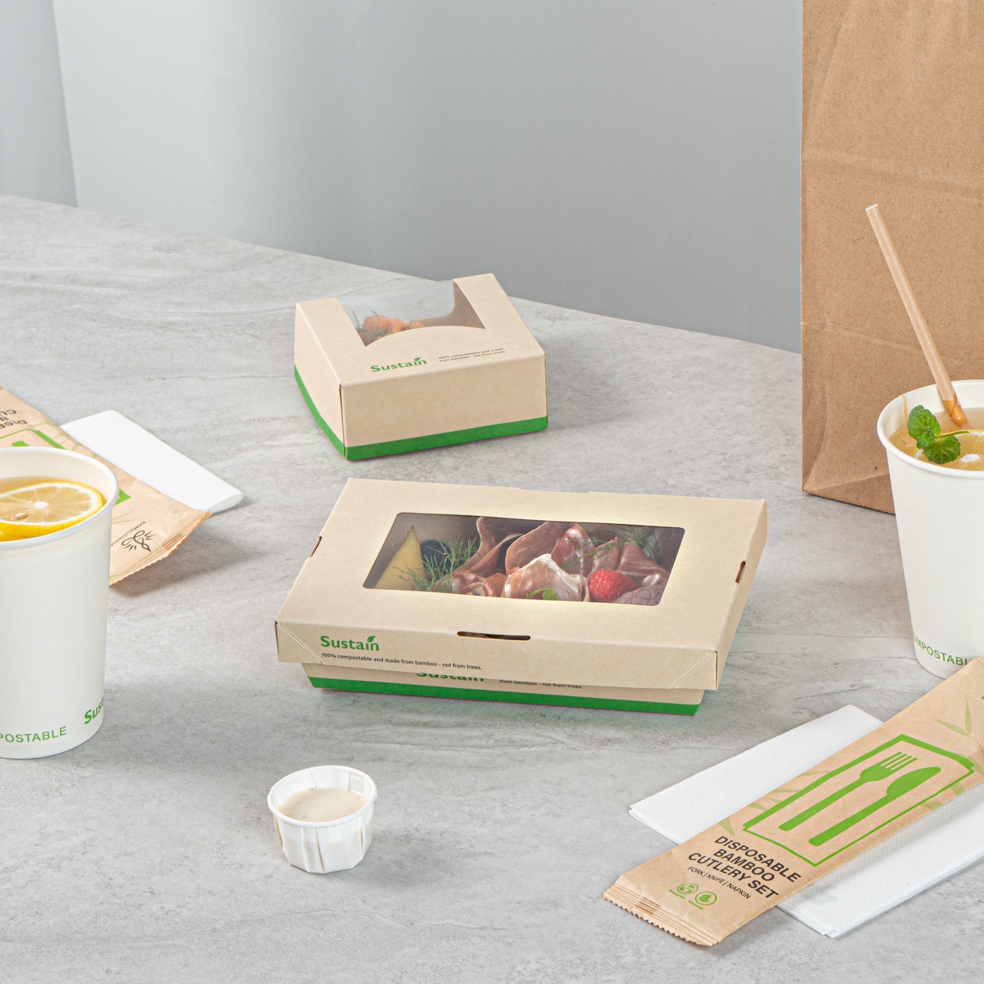 Sustain 28 oz Bamboo Paper Small Take Out Container - with PLA Lining and Window, Compostable - 7 1/2" x 5" x 1 1/2" - 200 count box