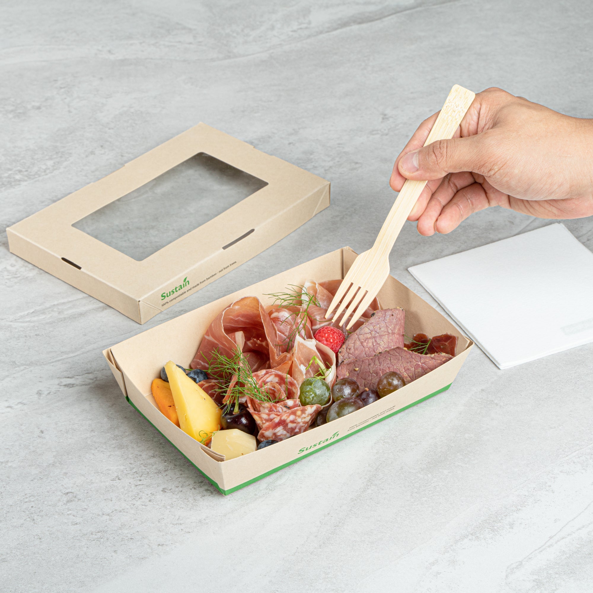 Sustain 28 oz Bamboo Paper Small Take Out Container - with PLA Lining and Window, Compostable - 7 1/2" x 5" x 1 1/2" - 200 count box