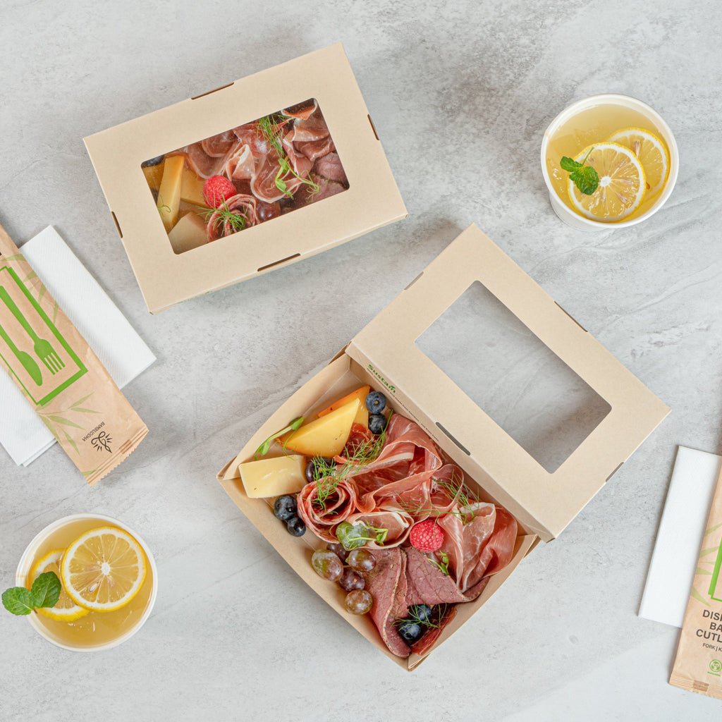Sustain 28 oz Bamboo Paper Small Take Out Container - with PLA Lining and Window, Compostable - 7 1/2" x 5" x 1 1/2" - 200 count box