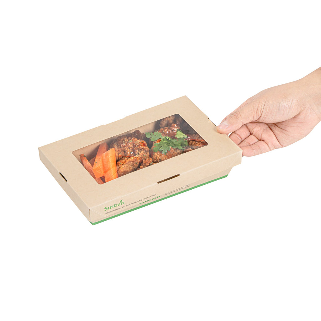 Sustain 34 oz Bamboo Paper Large Take Out Container - with PLA Lining and Window, Compostable - 8 1/2" x 5 1/4" x 1 1/2" - 50 count box