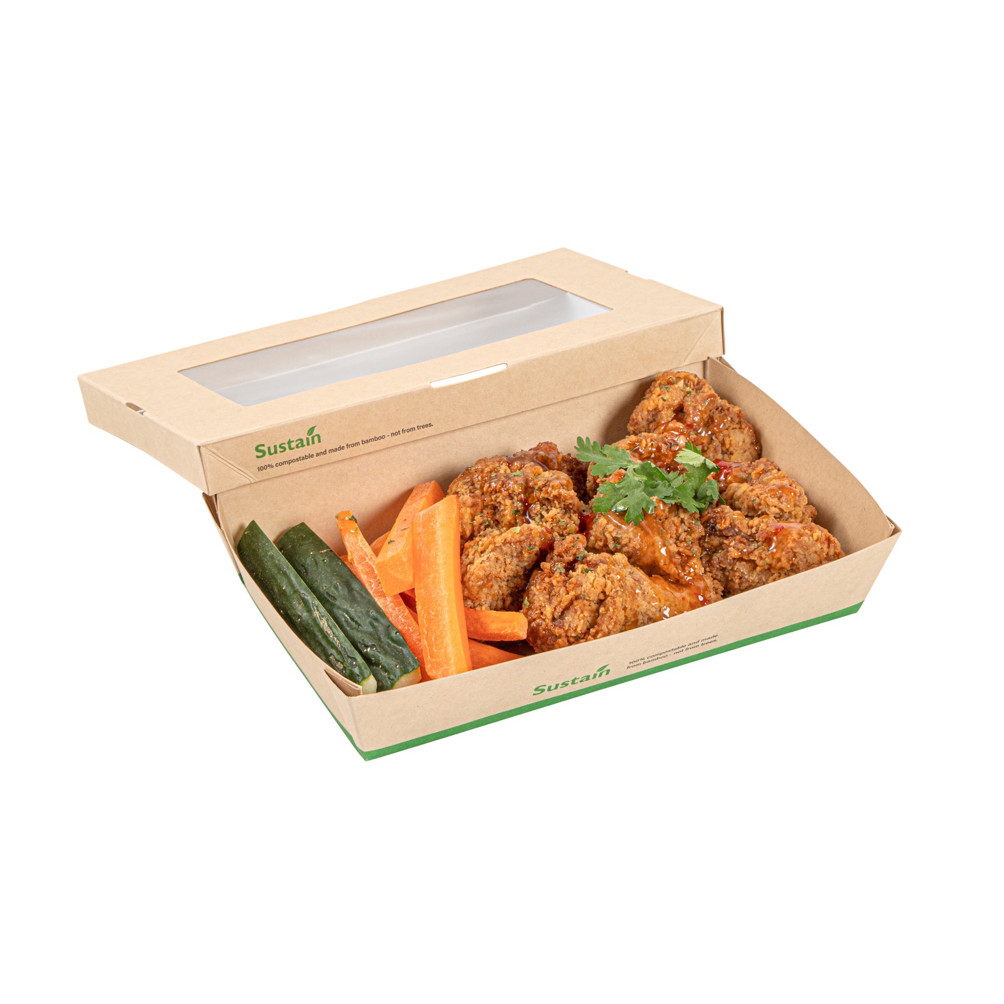 Sustain 34 oz Bamboo Paper Large Take Out Container - with PLA Lining and Window, Compostable - 8 1/2" x 5 1/4" x 1 1/2" - 50 count box