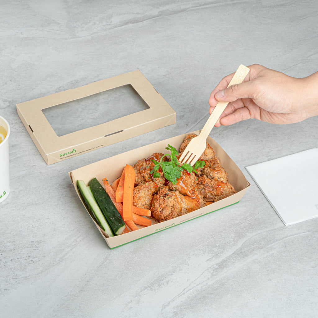 Sustain 34 oz Bamboo Paper Large Take Out Container - with PLA Lining and Window, Compostable - 8 1/2" x 5 1/4" x 1 1/2" - 50 count box
