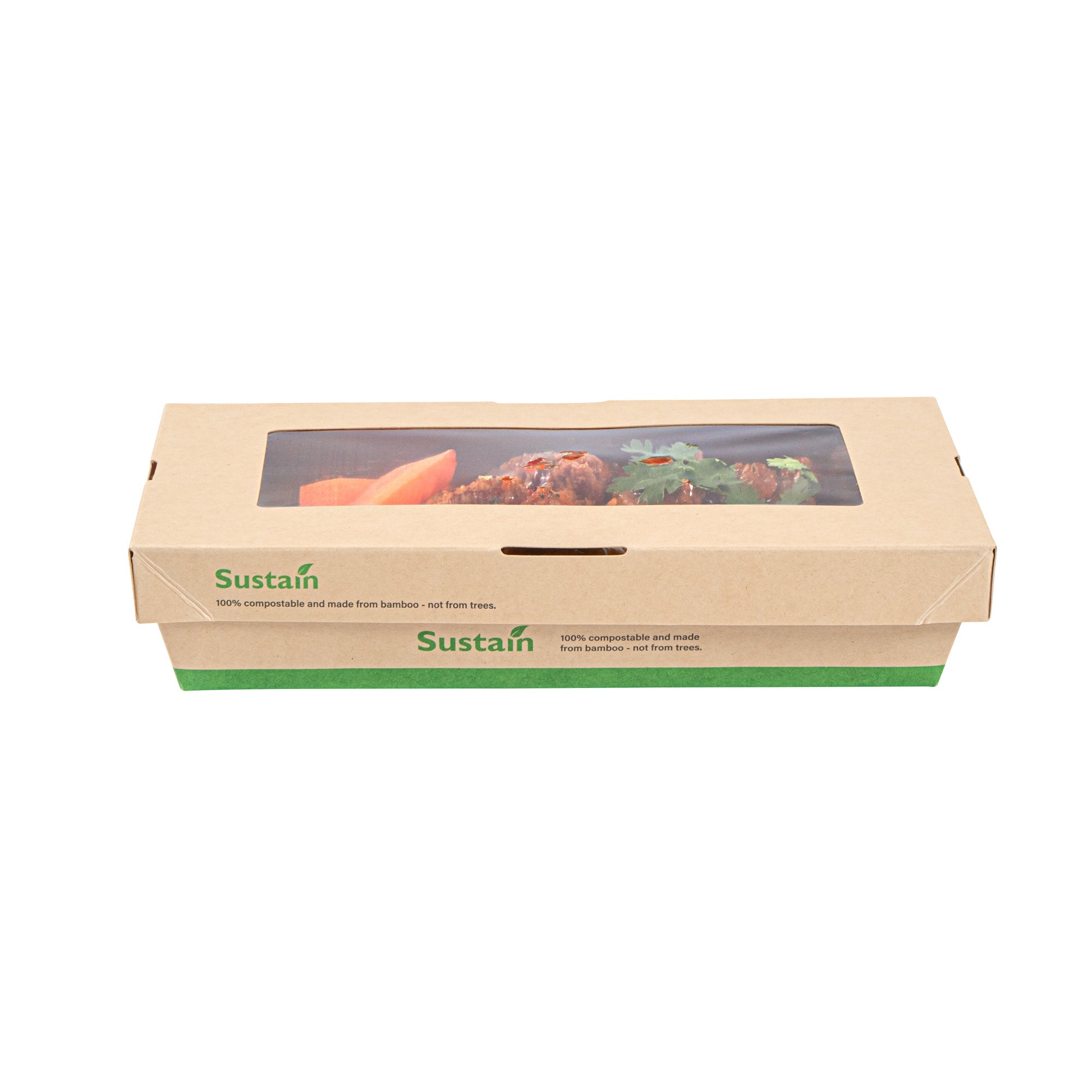 Sustain 34 oz Bamboo Paper Large Take Out Container - with PLA Lining and Window, Compostable - 8 1/2" x 5 1/4" x 1 1/2" - 200 count box